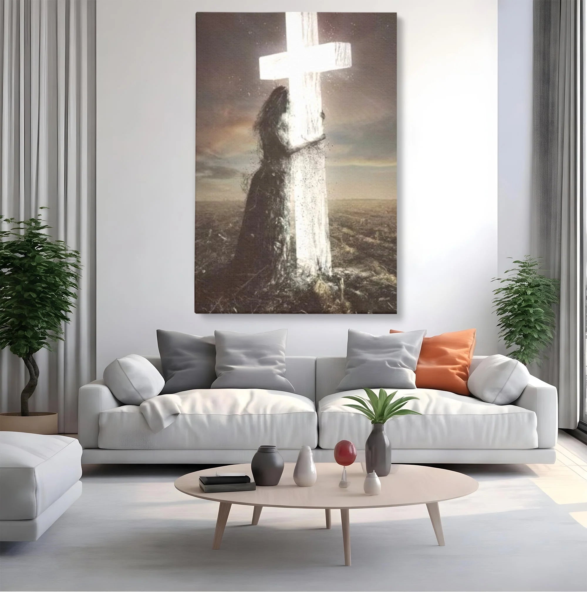 Tablou canvas cu ilustratie digitala femeie imbratisand crucea, fara rama, pe sasiu de lemn, pe perete intr-un living