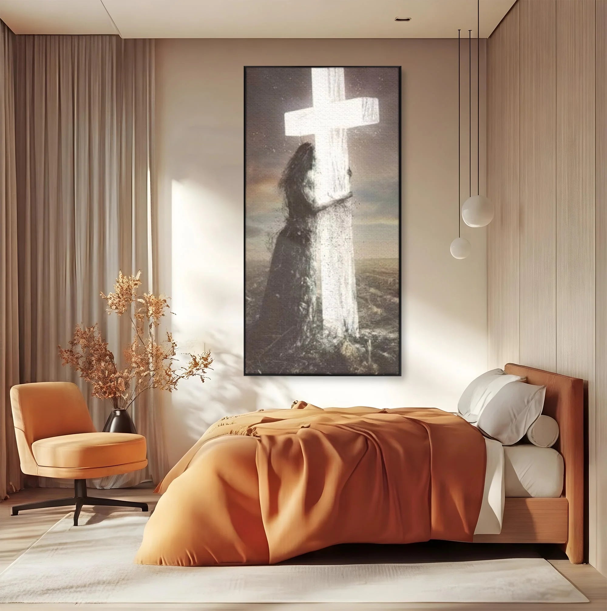 Tablou canvas cu ilustratie digitala femeie imbratisand crucea, in rama de aluminiu negru, pe perete intr-un dormitor
