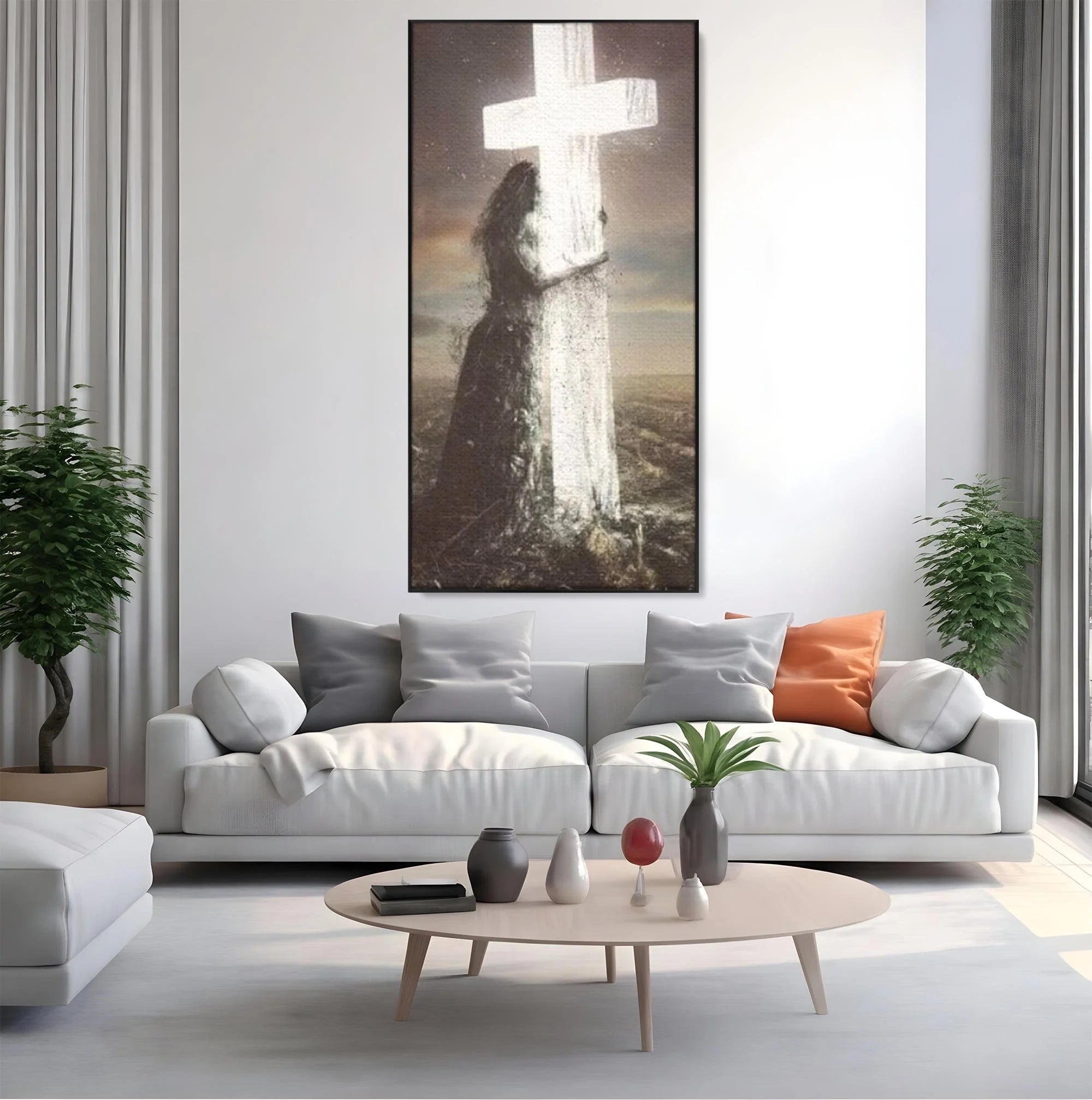 Tablou canvas cu ilustratie digitala femeie imbratisand crucea, in rama de aluminiu negru, pe perete intr-un living