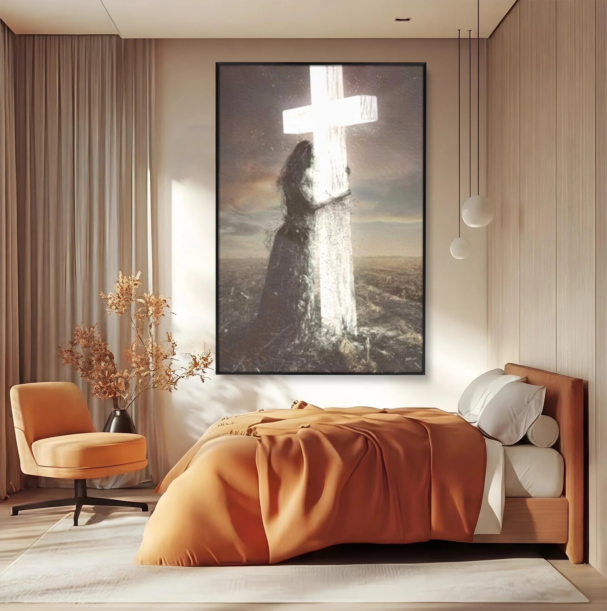 Tablou canvas cu ilustratie digitala femeie imbratisand crucea, in rama de aluminiu negru, pe perete intr-un dormitor
