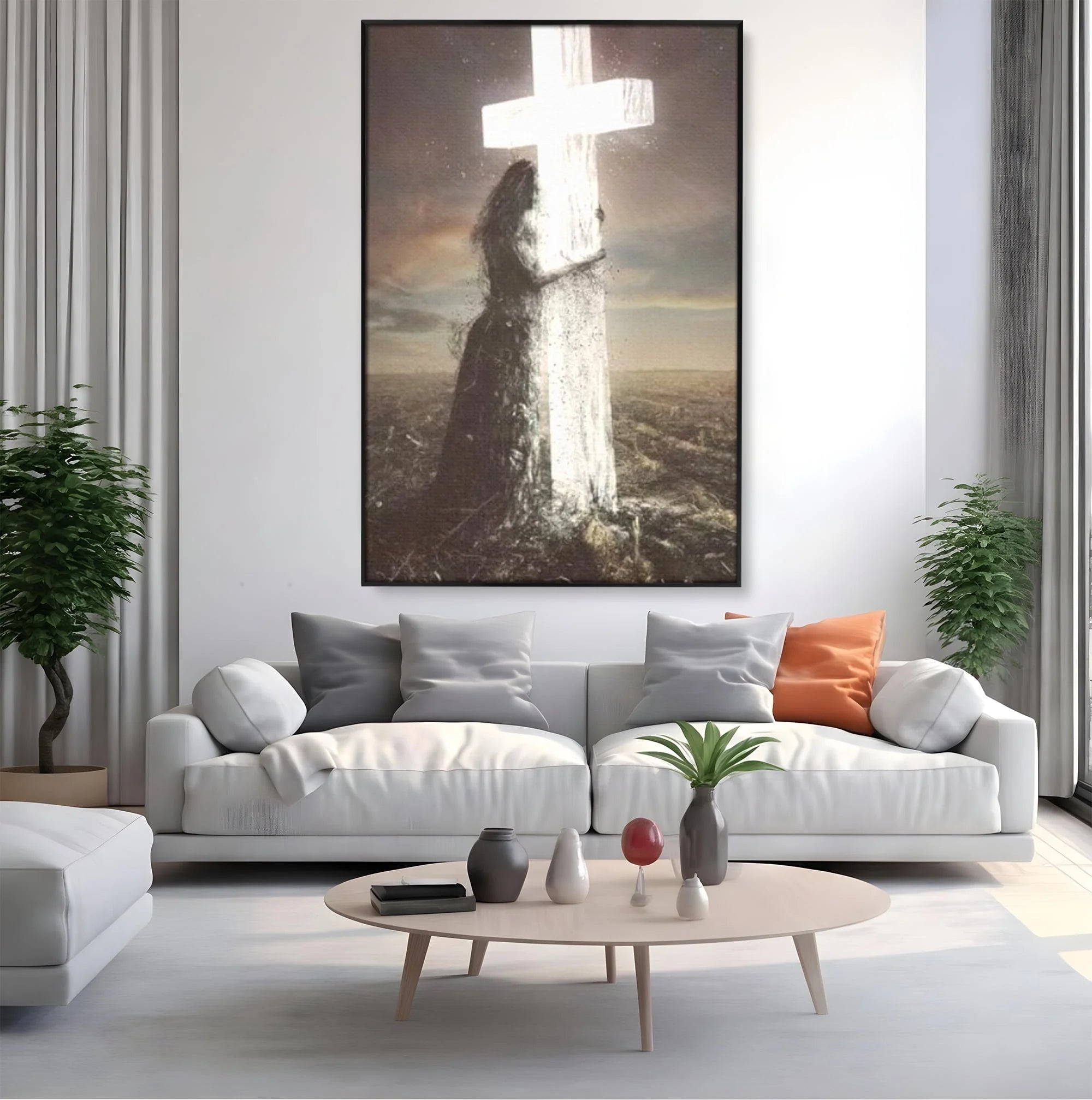 Tablou canvas cu ilustratie digitala femeie imbratisand crucea, in rama de aluminiu negru, pe perete intr-un living