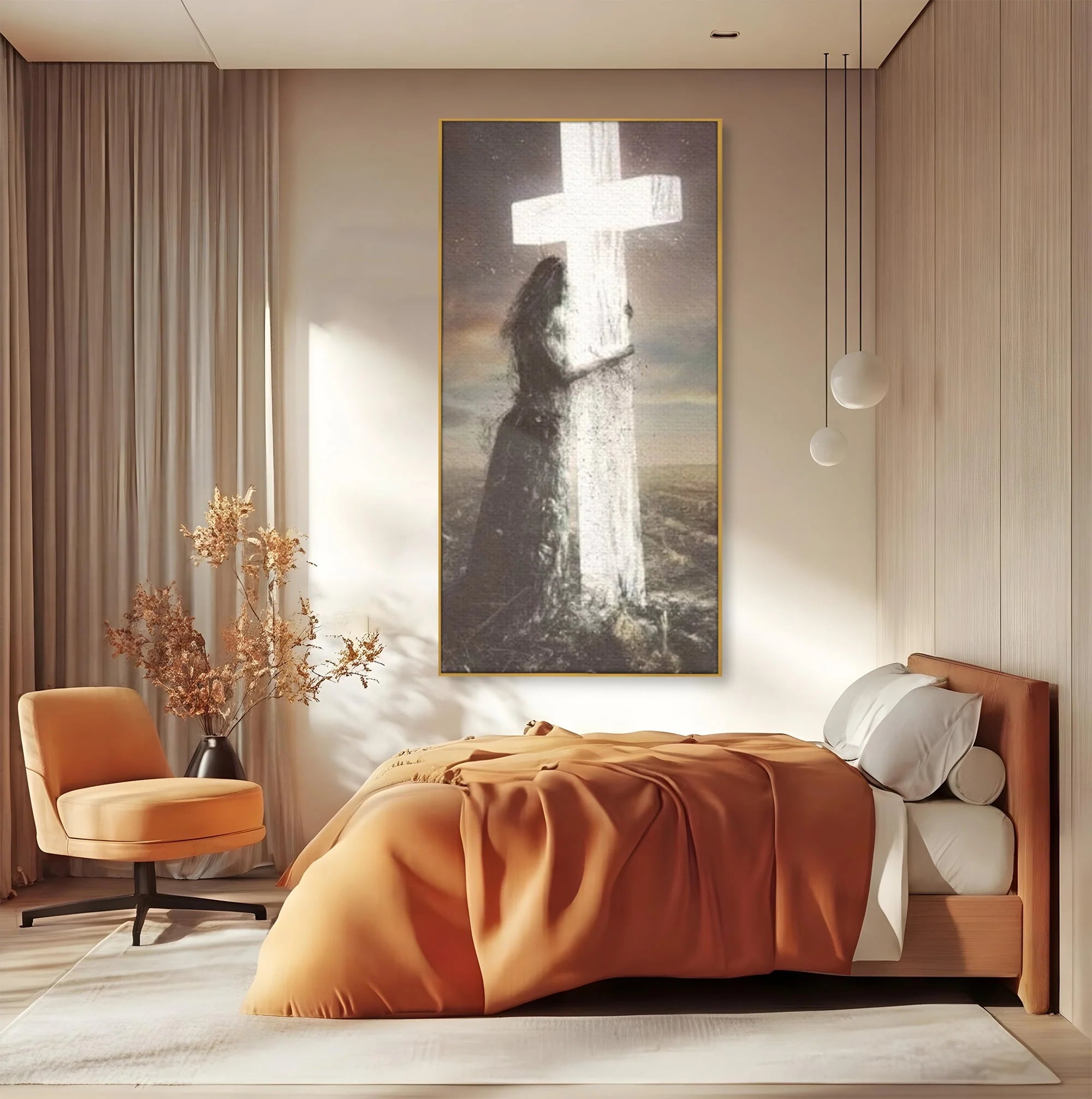 Tablou canvas cu ilustratie digitala femeie imbratisand crucea, in rama de aluminiu auriu, pe perete intr-un dormitor