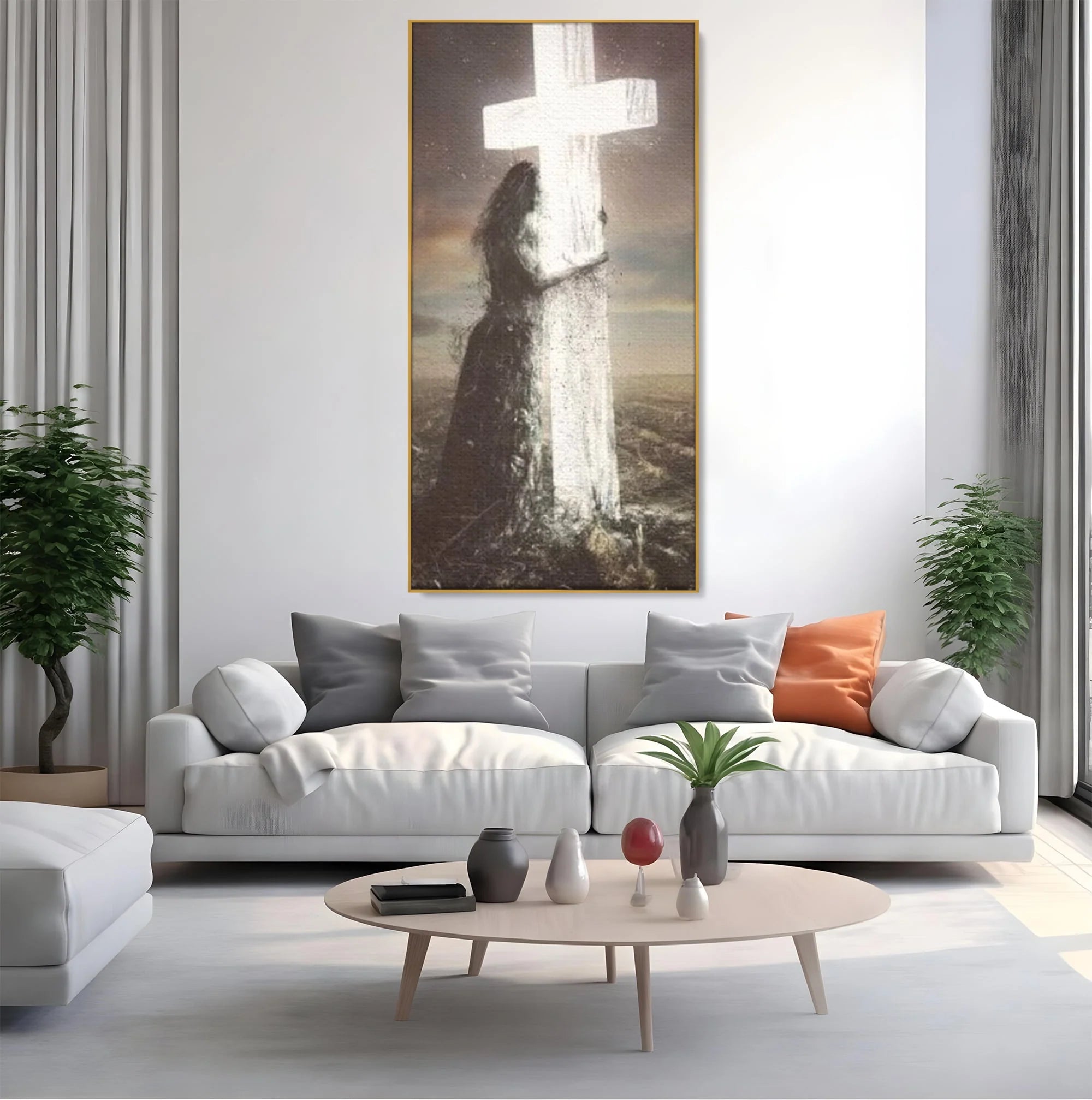 Tablou canvas cu ilustratie digitala femeie imbratisand crucea, in rama de aluminiu auriu, pe perete intr-un living