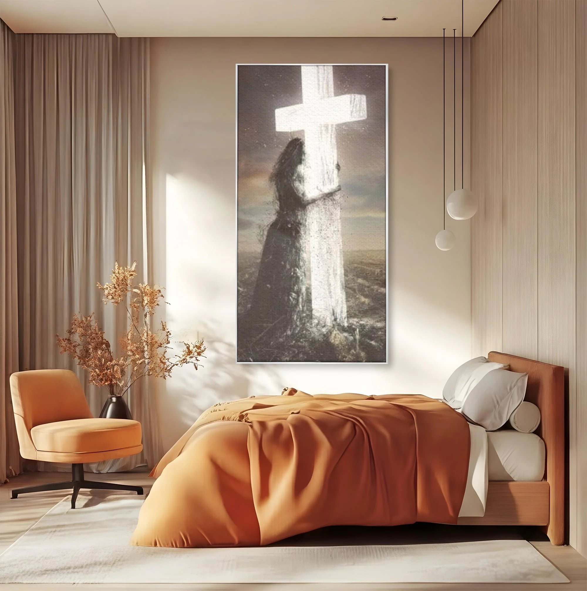 Tablou canvas cu ilustratie digitala femeie imbratisand crucea, in rama de aluminiu argintiu, pe perete intr-un dormitor