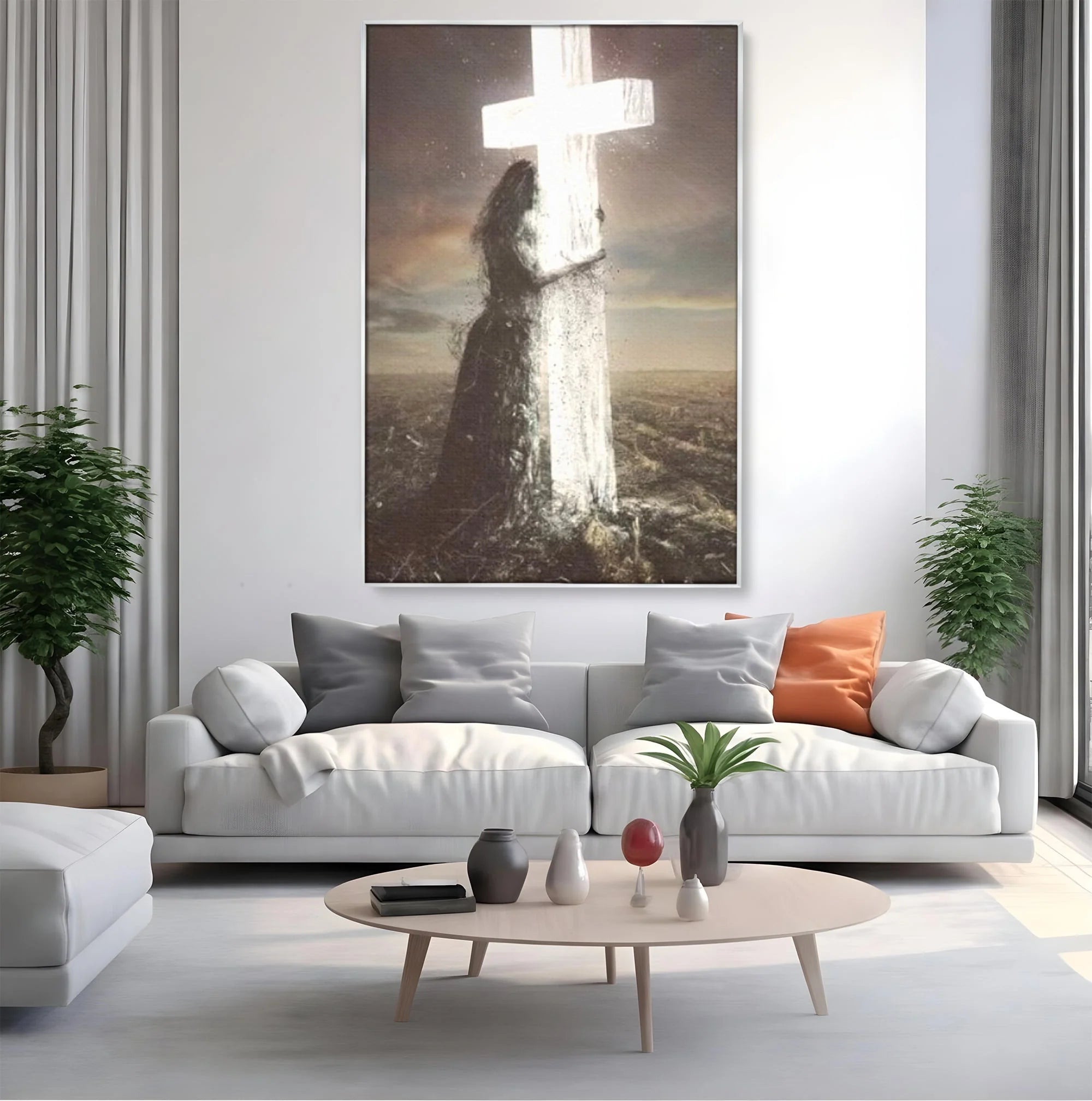 Tablou canvas cu ilustratie digitala femeie imbratisand crucea, in rama de aluminiu argintiu, pe perete intr-un living