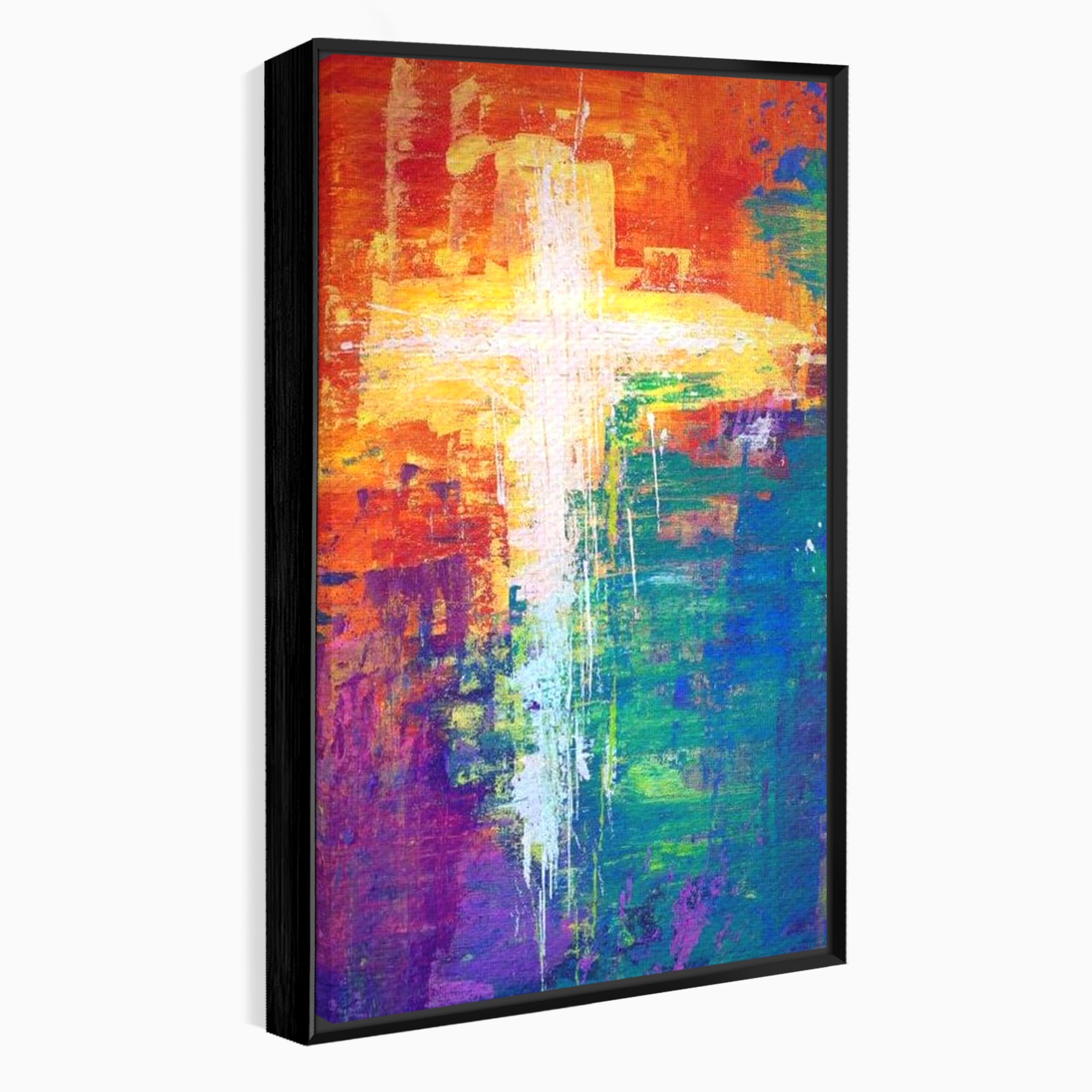 Tablou canvas cu tablou pictat cu o cruce luminoasa, in rama de aluminiu negru