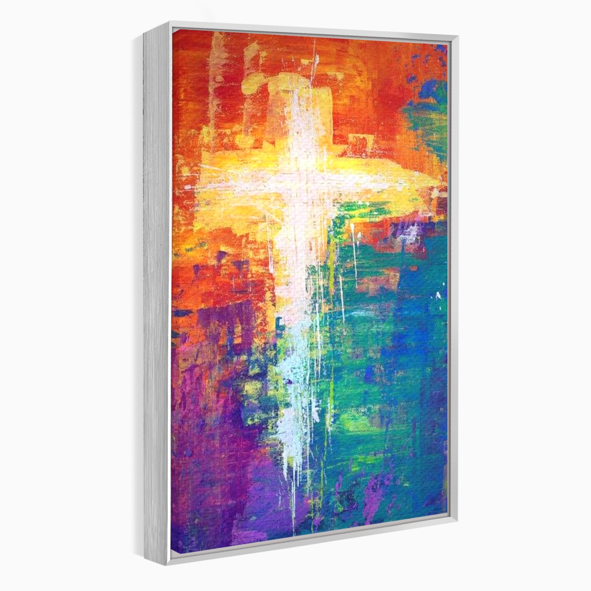 Tablou canvas cu tablou pictat cu o cruce luminoasa, in rama de aluminiu argintiu