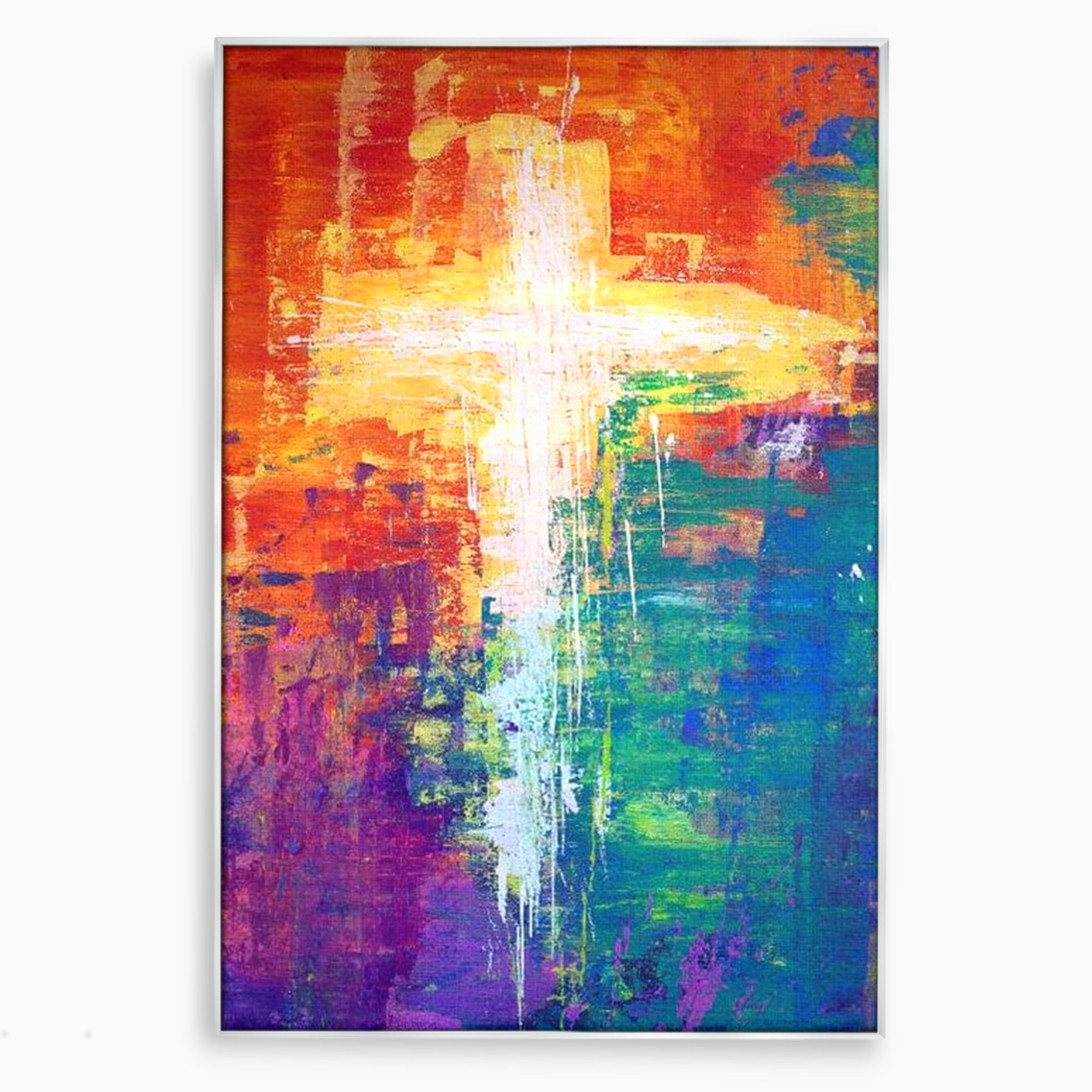 Tablou canvas cu tablou pictat cu o cruce luminoasa, in rama de aluminiu argintiu