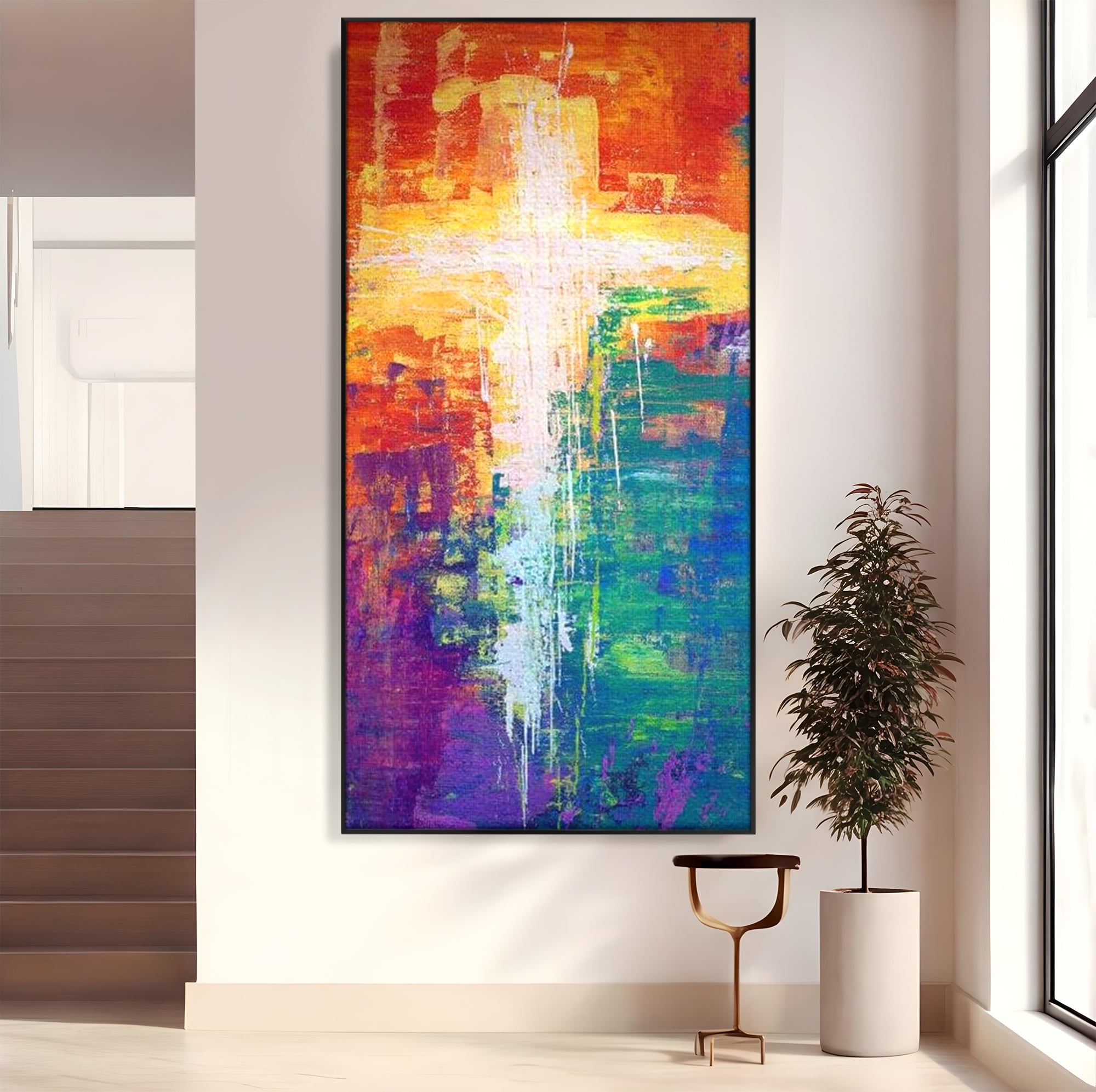 Tablou canvas cu tablou pictat cu o cruce luminoasa, in rama de aluminiu negru