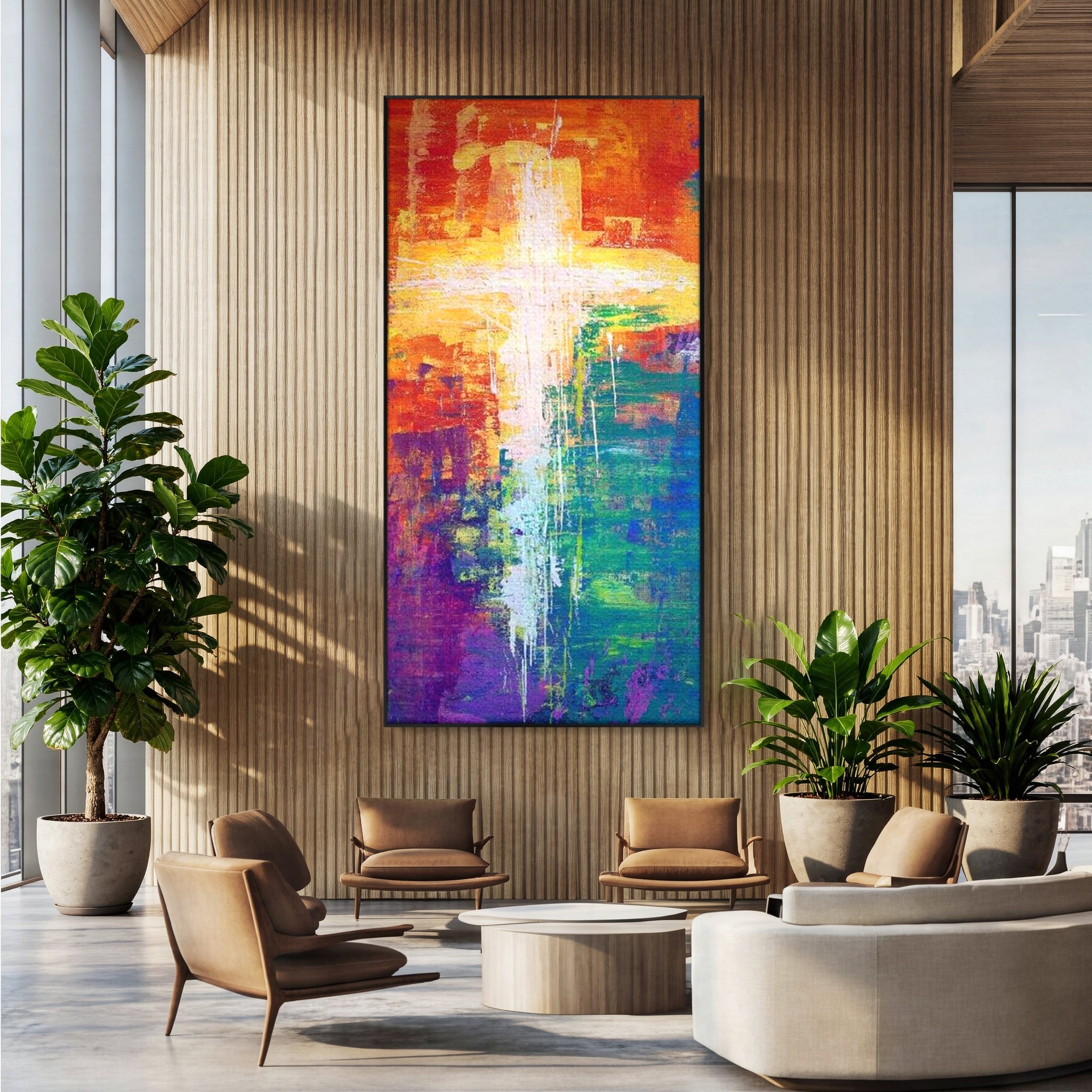 Tablou canvas cu tablou pictat cu o cruce luminoasa, in rama de aluminiu negru, pe perete intr-un birou