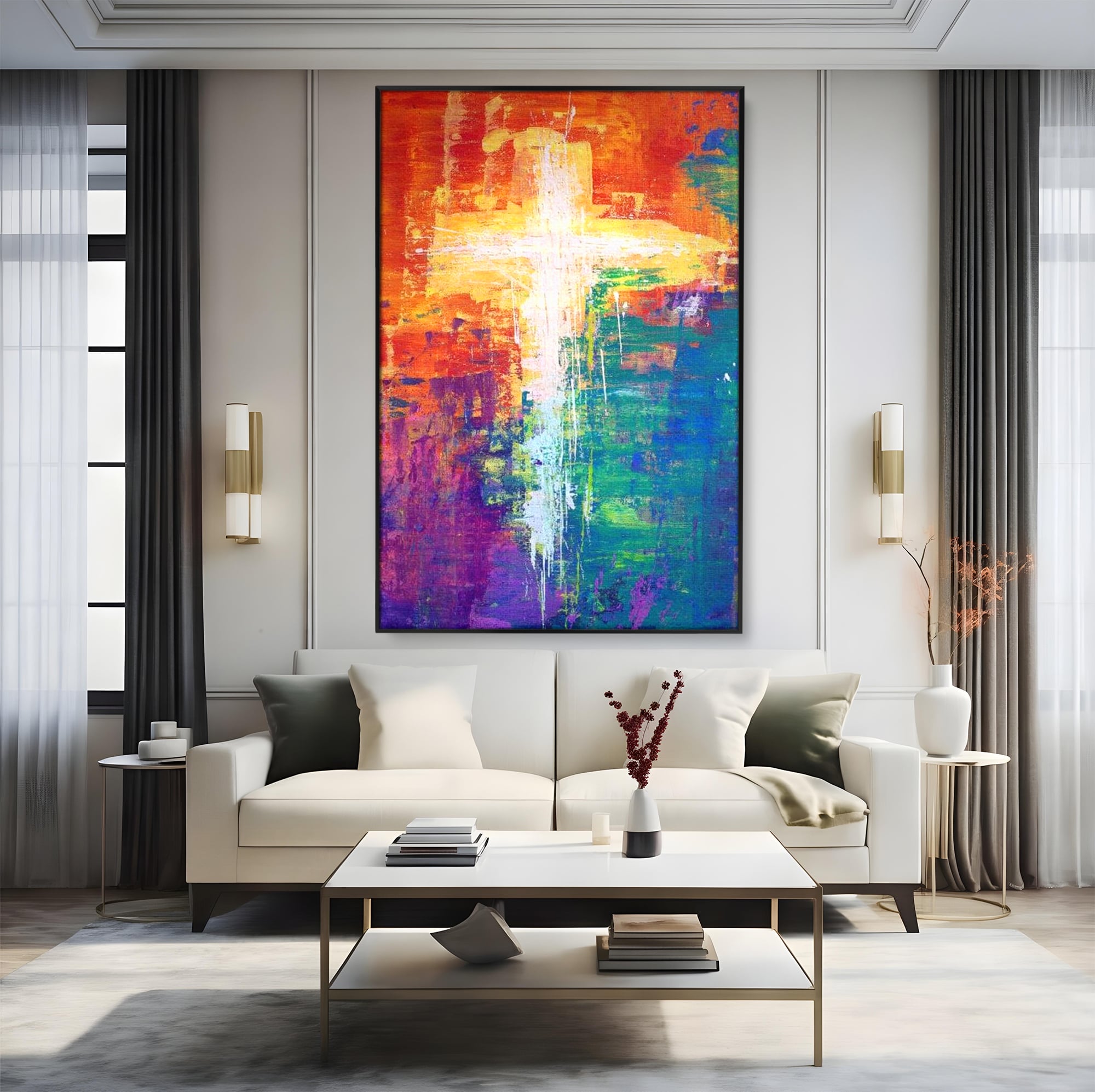 Tablou canvas cu tablou pictat cu o cruce luminoasa, in rama de aluminiu negru, pe perete intr-un living