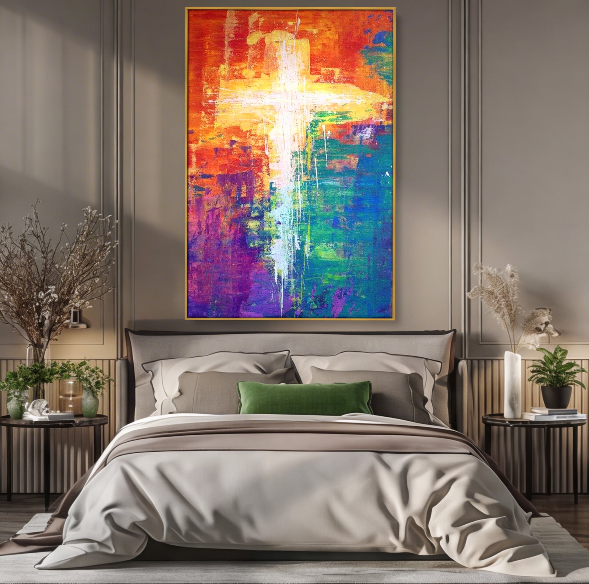 Tablou canvas cu tablou pictat cu o cruce luminoasa, in rama de aluminiu auriu, pe perete intr-un dormitor