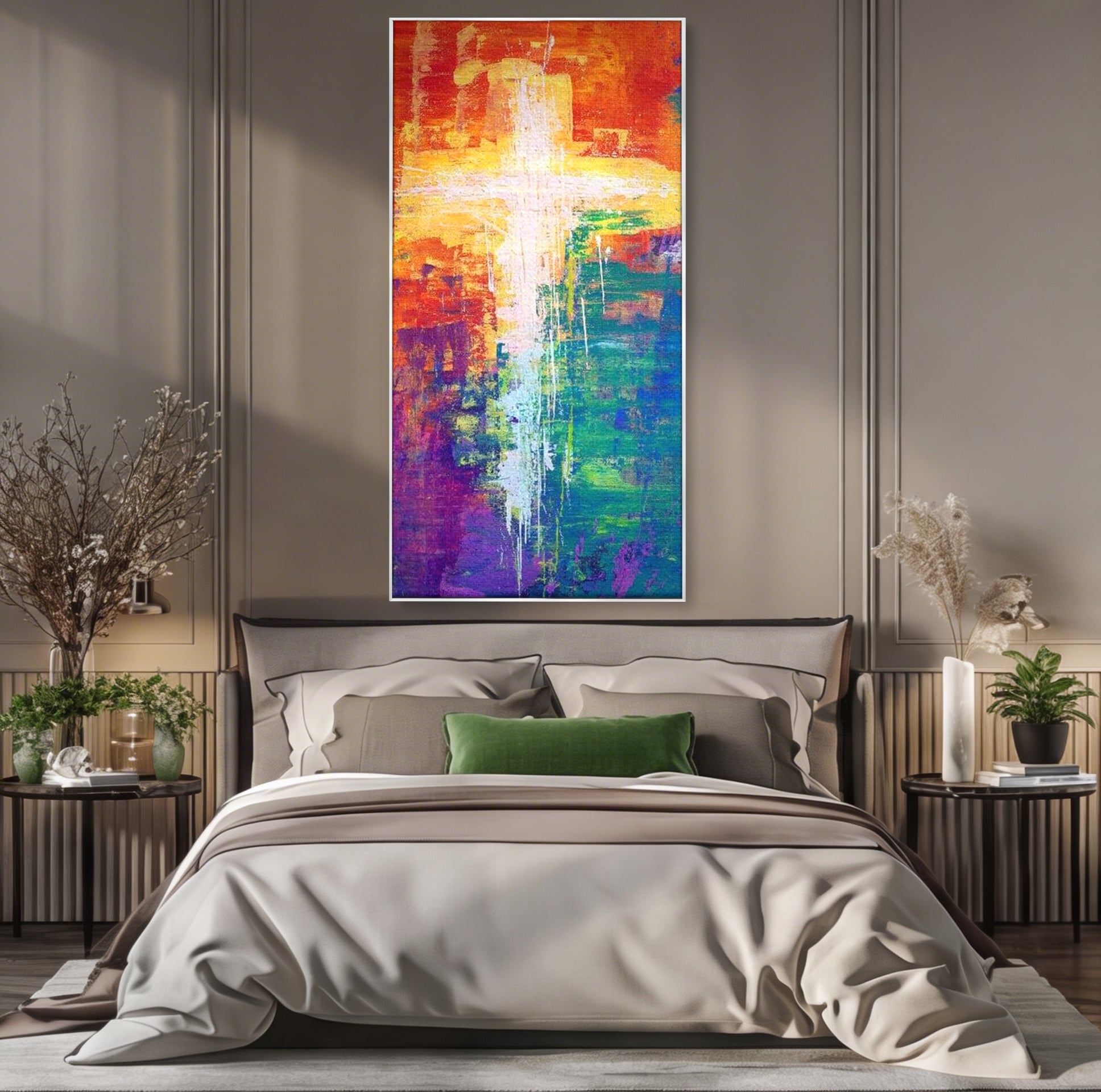 Tablou canvas cu tablou pictat cu o cruce luminoasa, in rama de aluminiu argintiu, pe perete intr-un dormitor