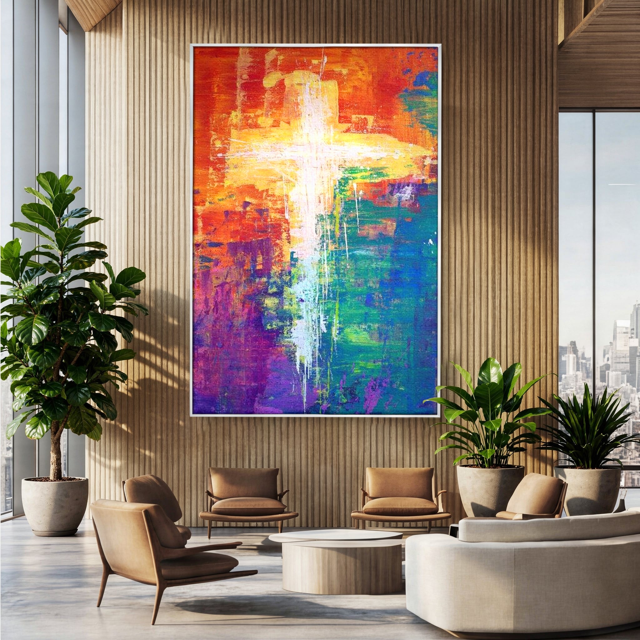 Tablou canvas cu tablou pictat cu o cruce luminoasa, in rama de aluminiu argintiu, pe perete intr-un birou