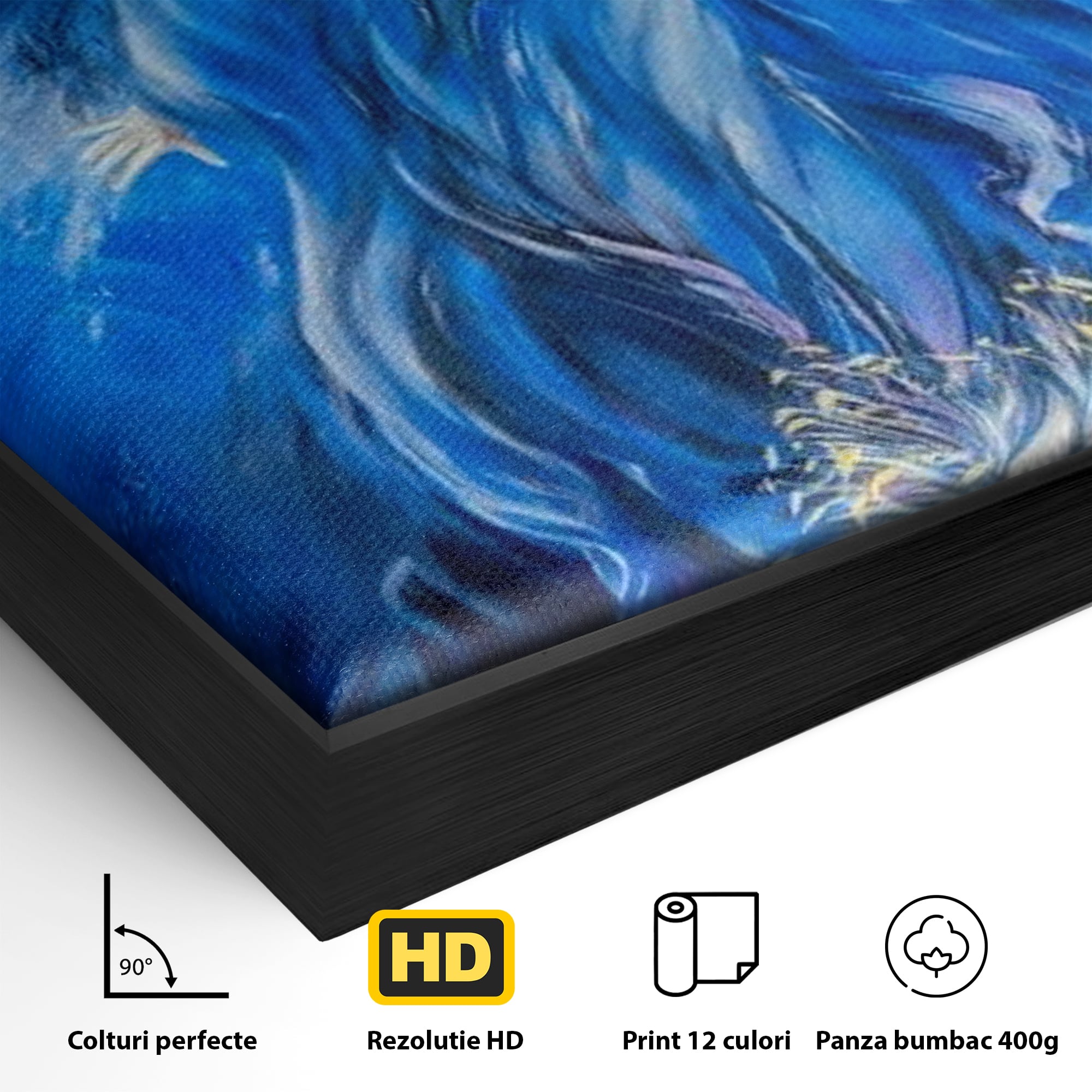 Detaliu al suprafetei: tablou canvas cu inger albastru, in rama de aluminiu negru
