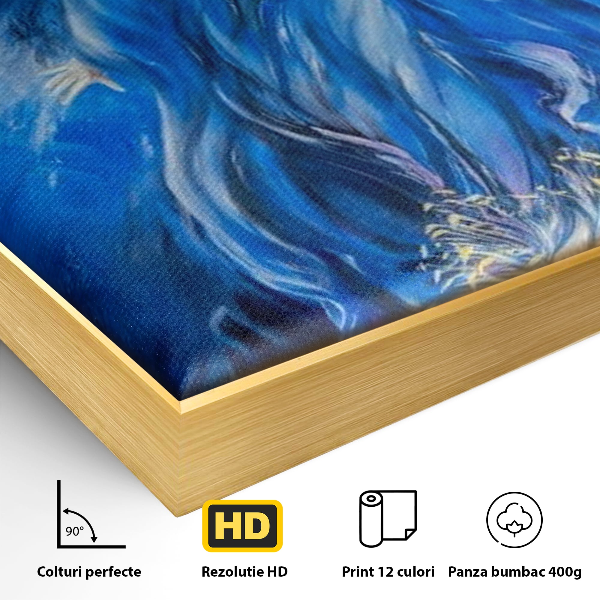 Detaliu al suprafetei: tablou canvas cu inger albastru, in rama de aluminiu auriu