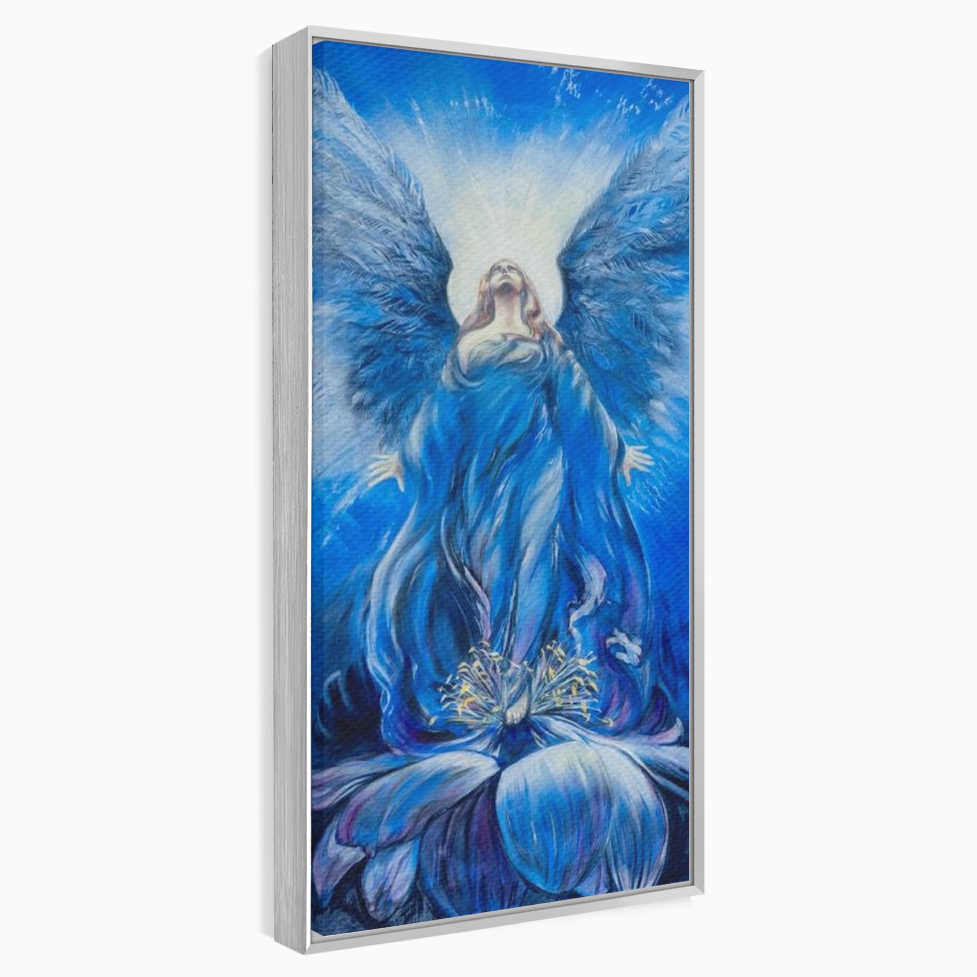Tablou canvas cu tablou canvas cu inger albastru, in rama de aluminiu argintiu