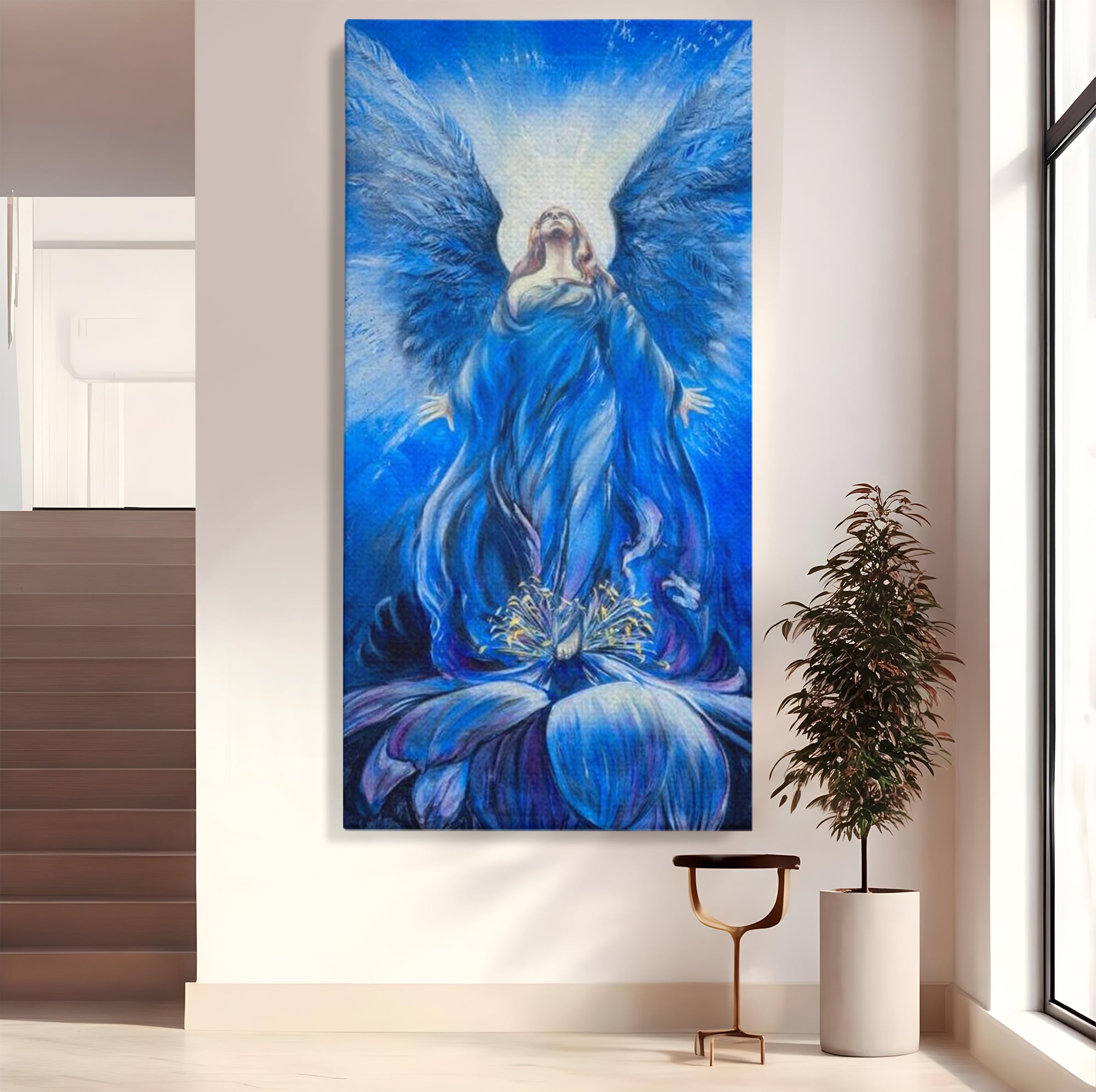 Tablou canvas cu tablou canvas cu inger albastru, fara rama, pe sasiu de lemn