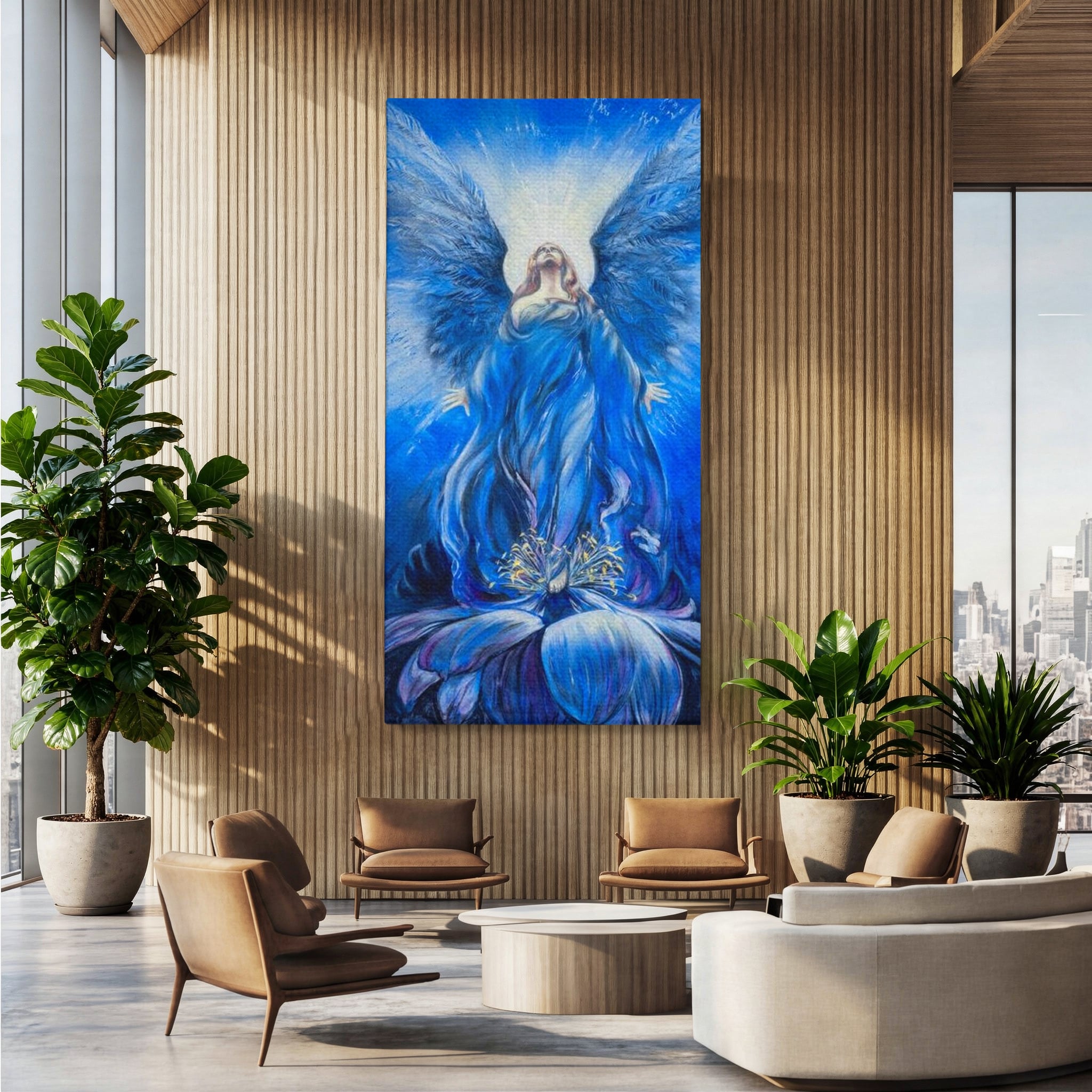 Tablou canvas cu tablou canvas cu inger albastru, fara rama, pe sasiu de lemn, pe perete intr-un birou
