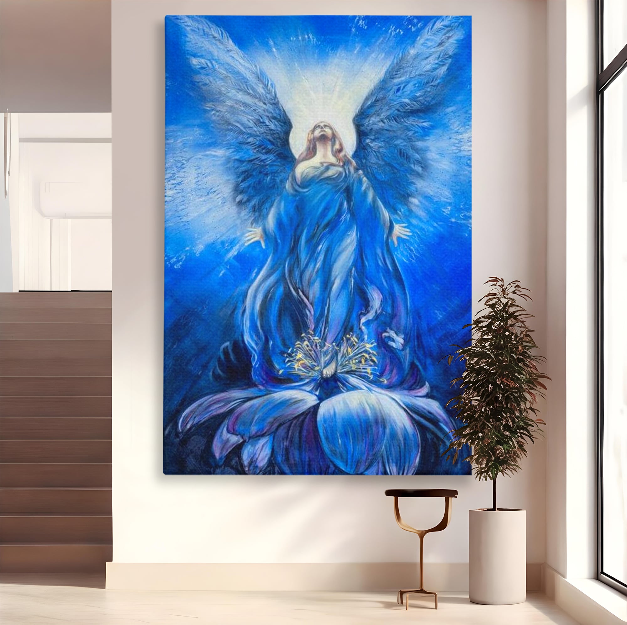 Tablou canvas cu tablou canvas cu inger albastru, fara rama, pe sasiu de lemn