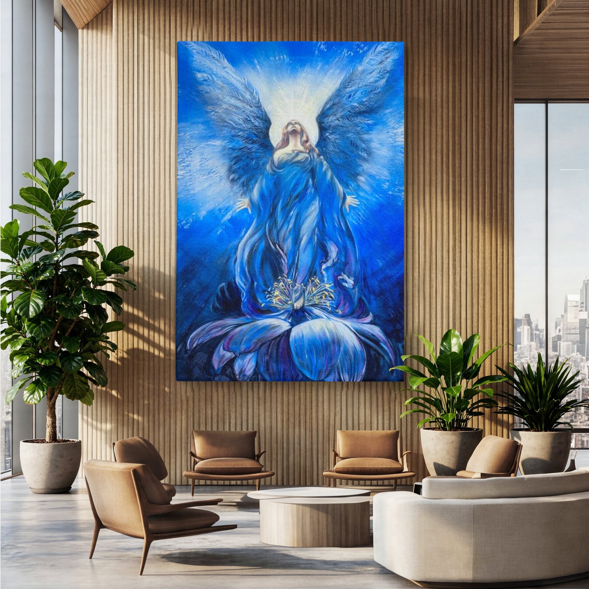 Tablou canvas cu tablou canvas cu inger albastru, fara rama, pe sasiu de lemn, pe perete intr-un birou