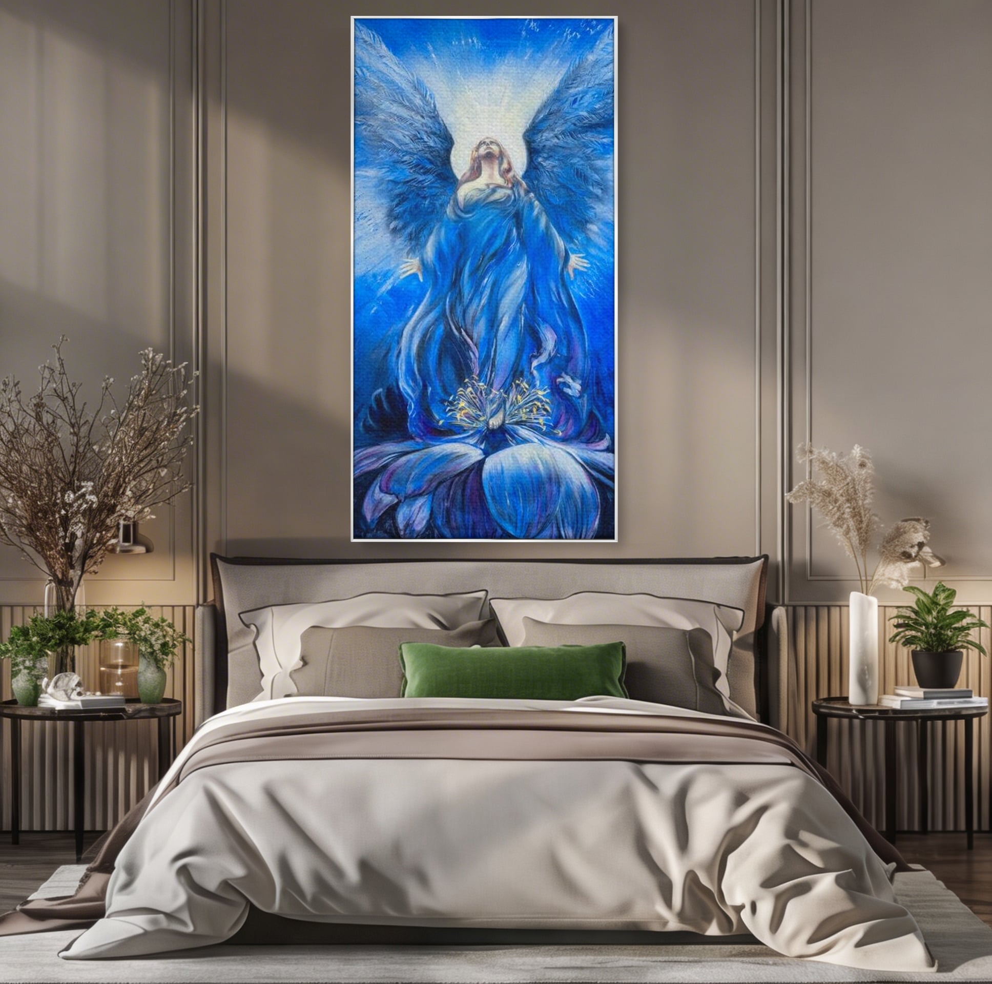 Tablou canvas cu tablou canvas cu inger albastru, in rama de aluminiu argintiu, pe perete intr-un dormitor
