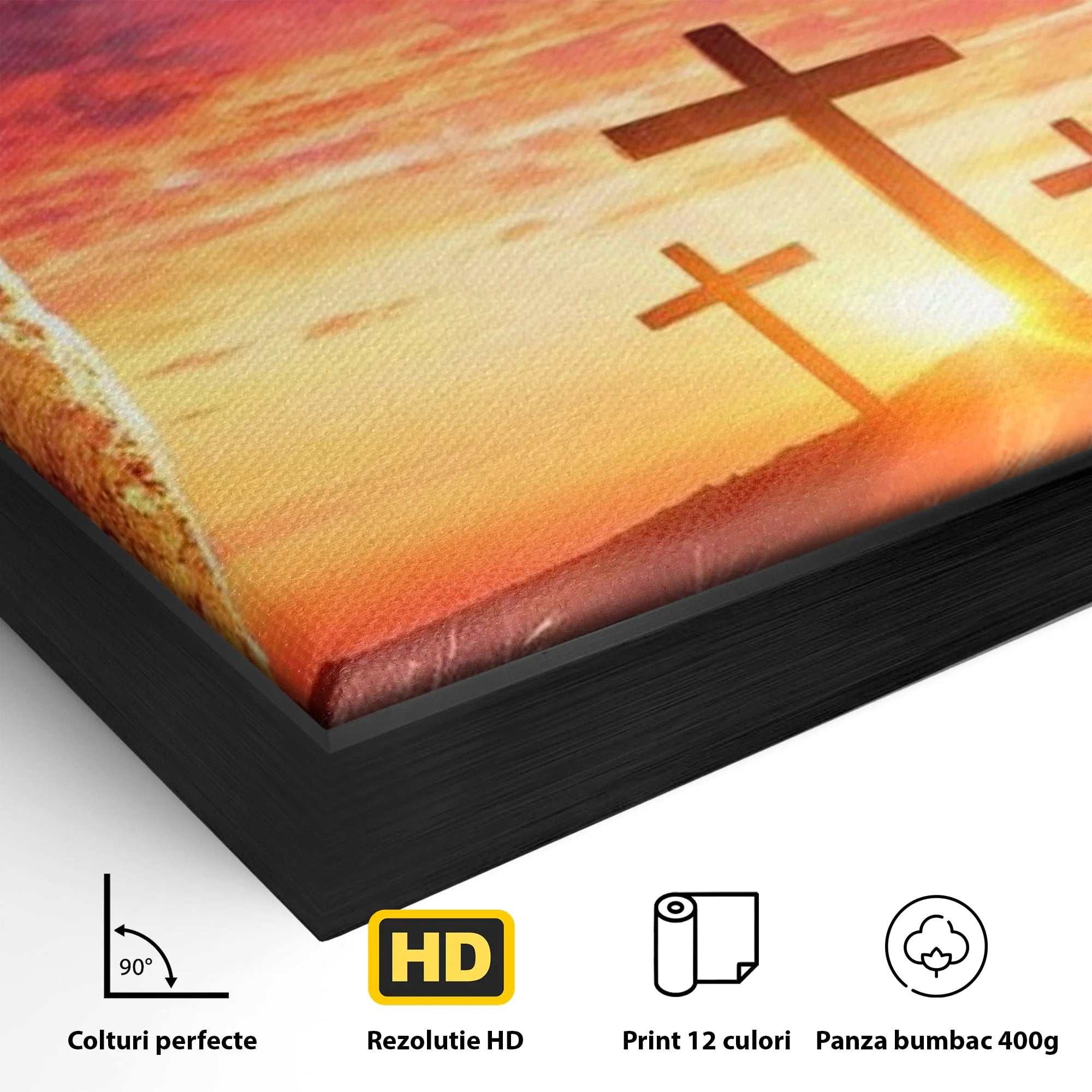 Detaliu al suprafetei: tablou canvas cu trei cruci la rasarit, in rama de aluminiu negru