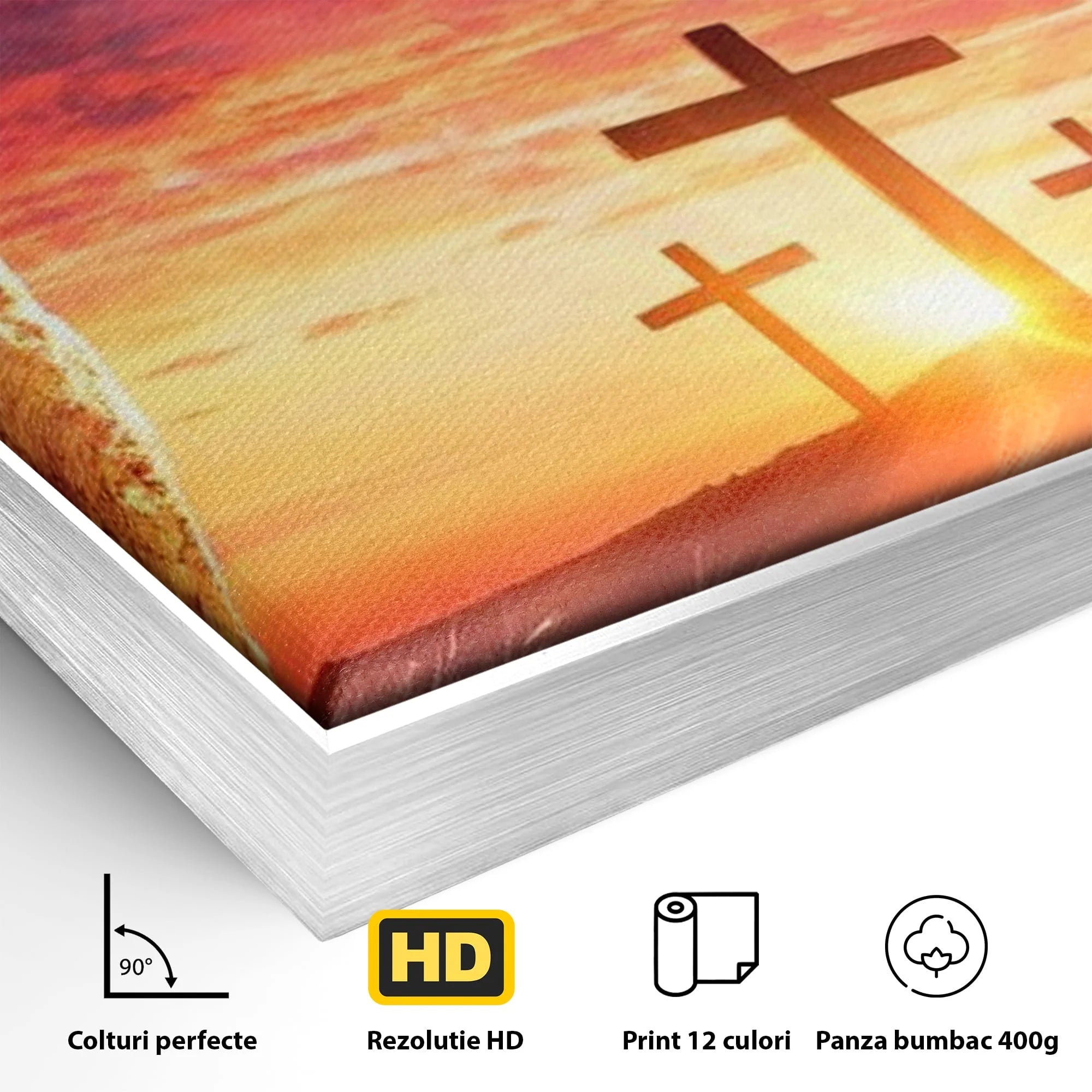 Detaliu al suprafetei: tablou canvas cu trei cruci la rasarit, in rama de aluminiu argintiu