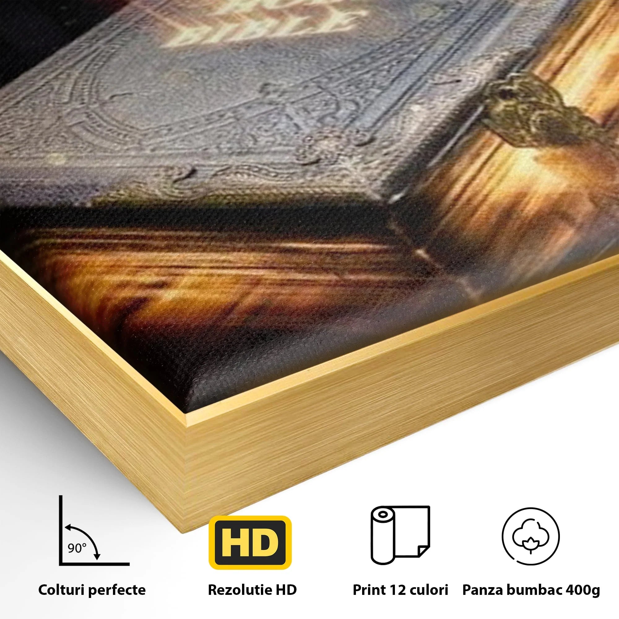 Detaliu al suprafetei: ilustratie digitala cu o carte sacra stralucitoare, in rama de aluminiu auriu