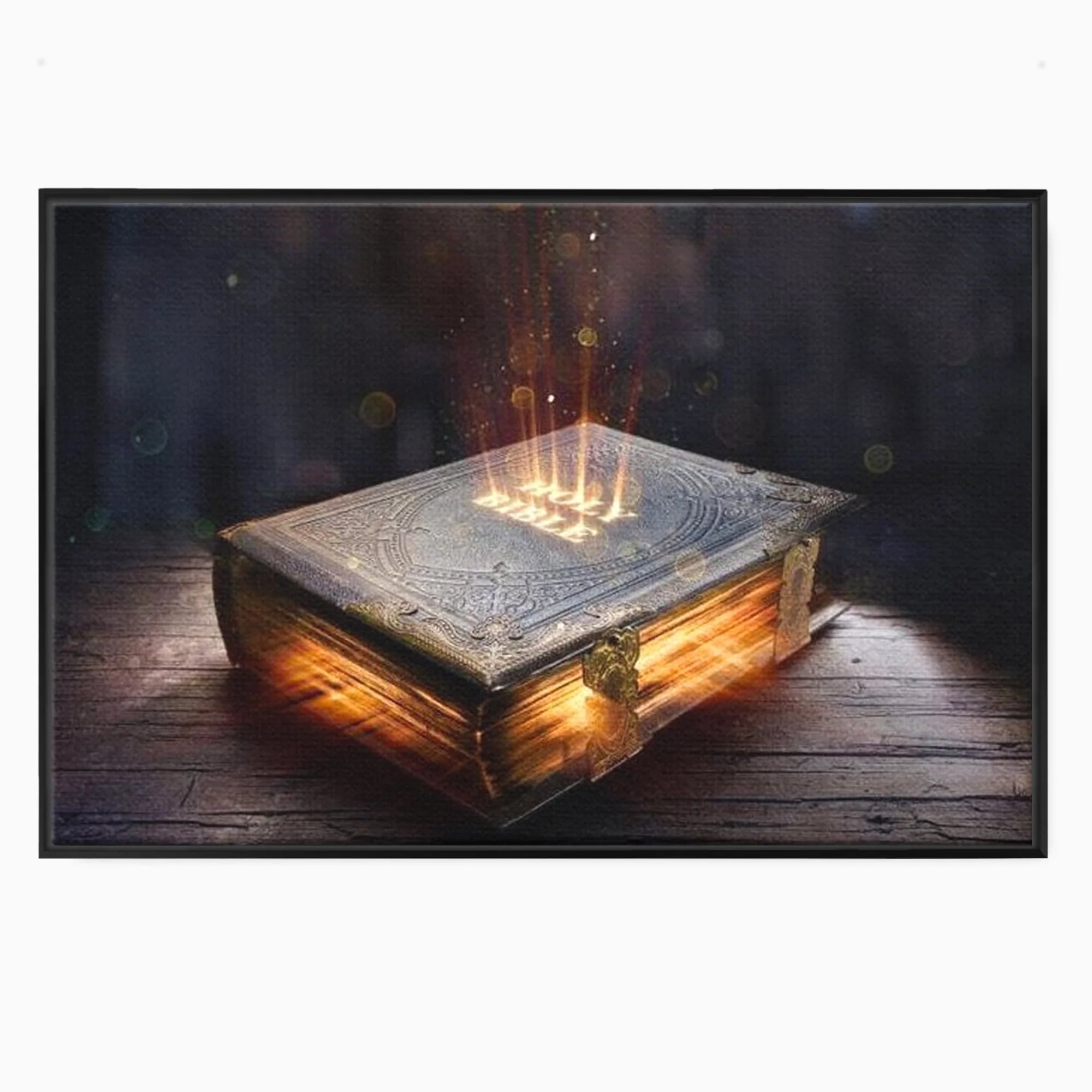 Tablou canvas cu ilustratie digitala cu o carte sacra stralucitoare, in rama de aluminiu negru