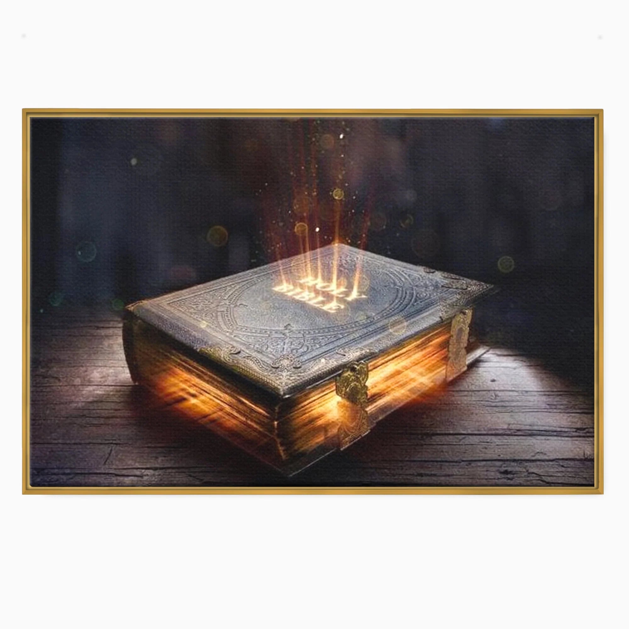 Tablou canvas cu ilustratie digitala cu o carte sacra stralucitoare, in rama de aluminiu auriu
