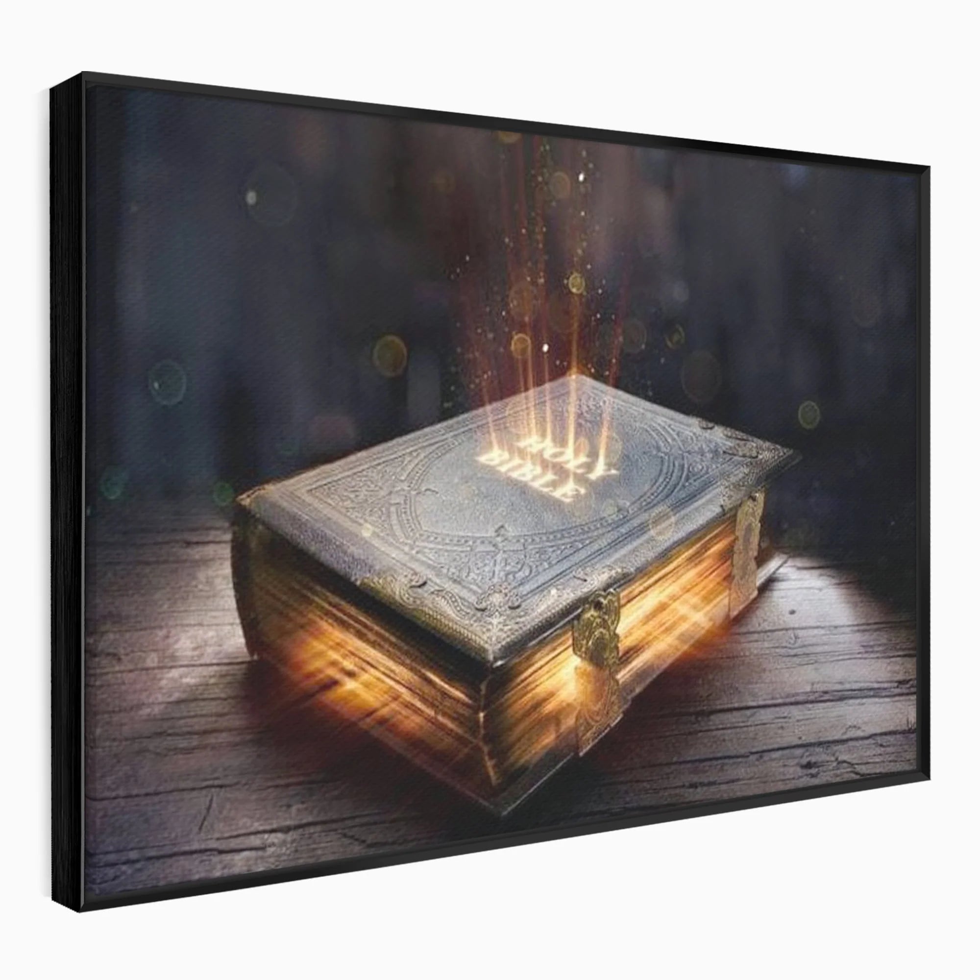 Tablou canvas cu ilustratie digitala cu o carte sacra stralucitoare, in rama de aluminiu negru