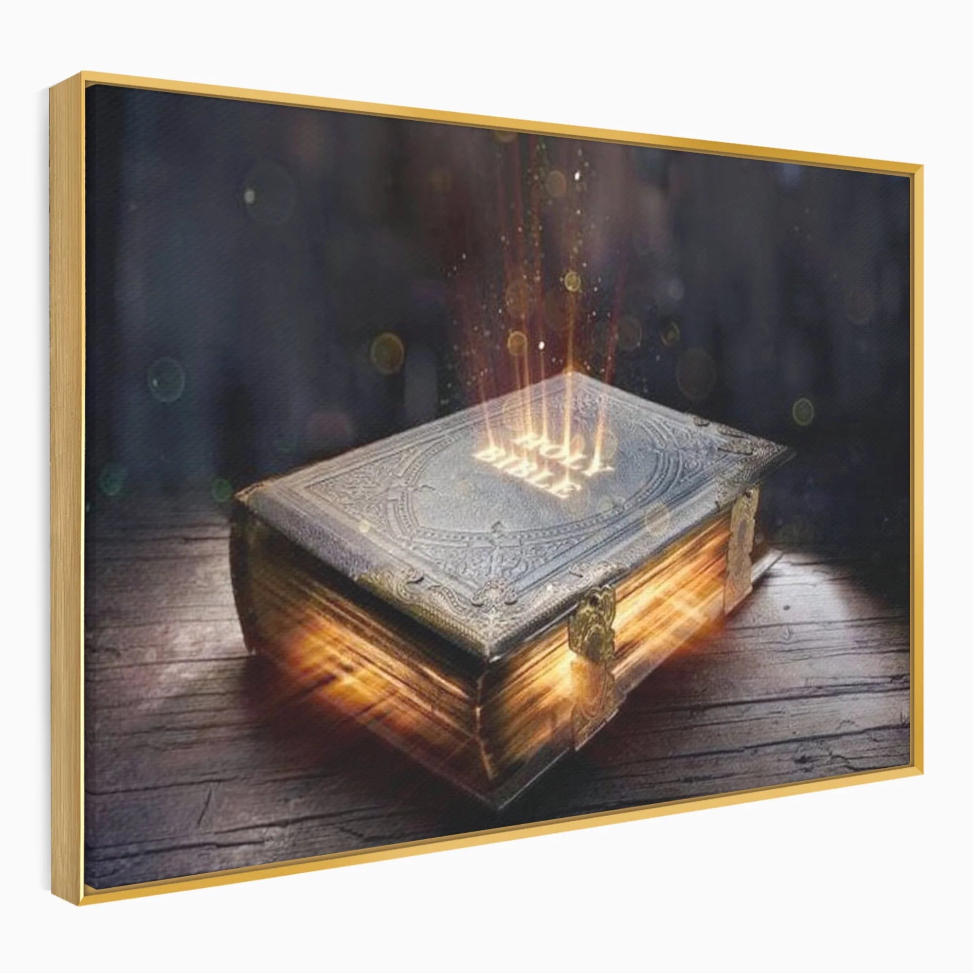 Tablou canvas cu ilustratie digitala cu o carte sacra stralucitoare, in rama de aluminiu auriu