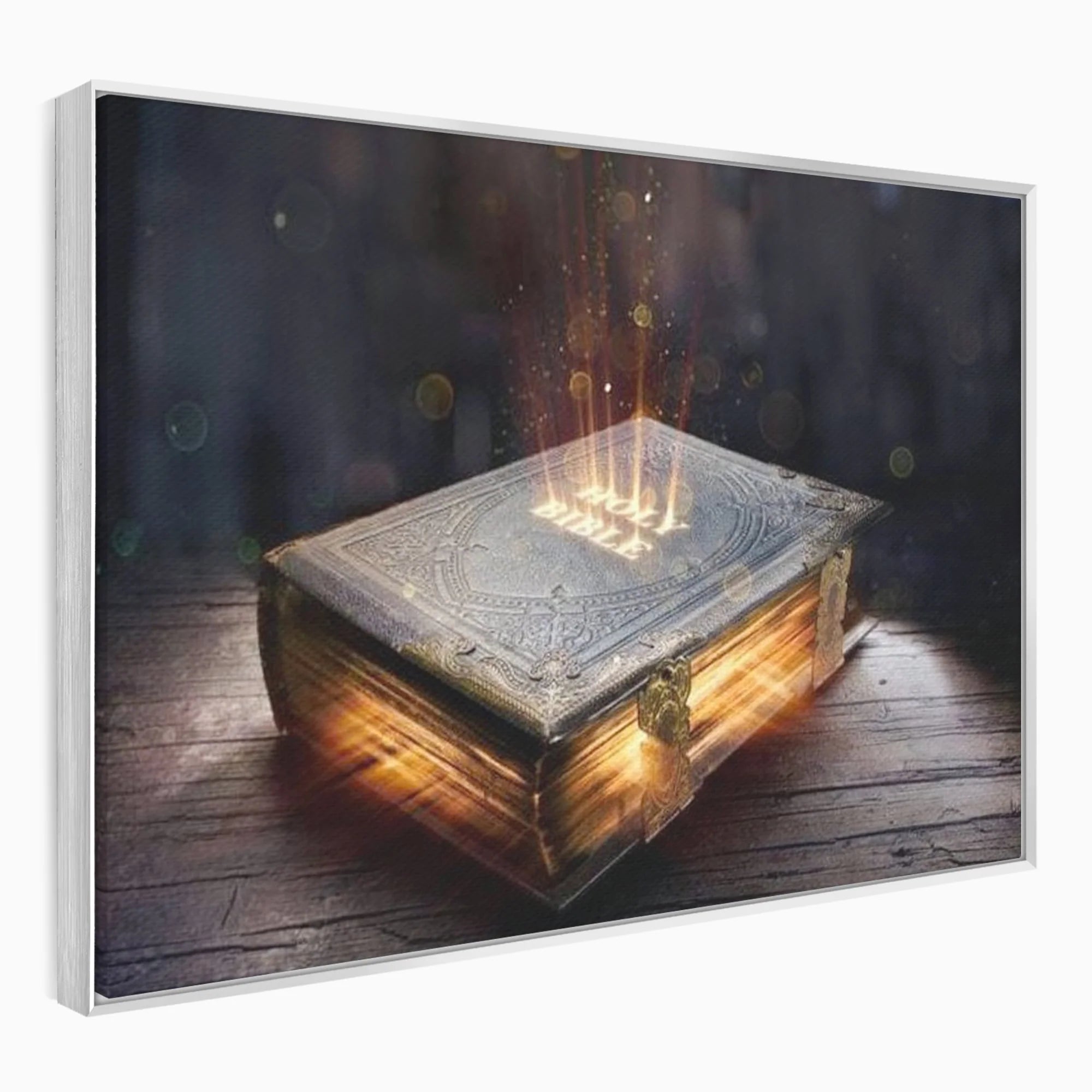 Tablou canvas cu ilustratie digitala cu o carte sacra stralucitoare, in rama de aluminiu argintiu