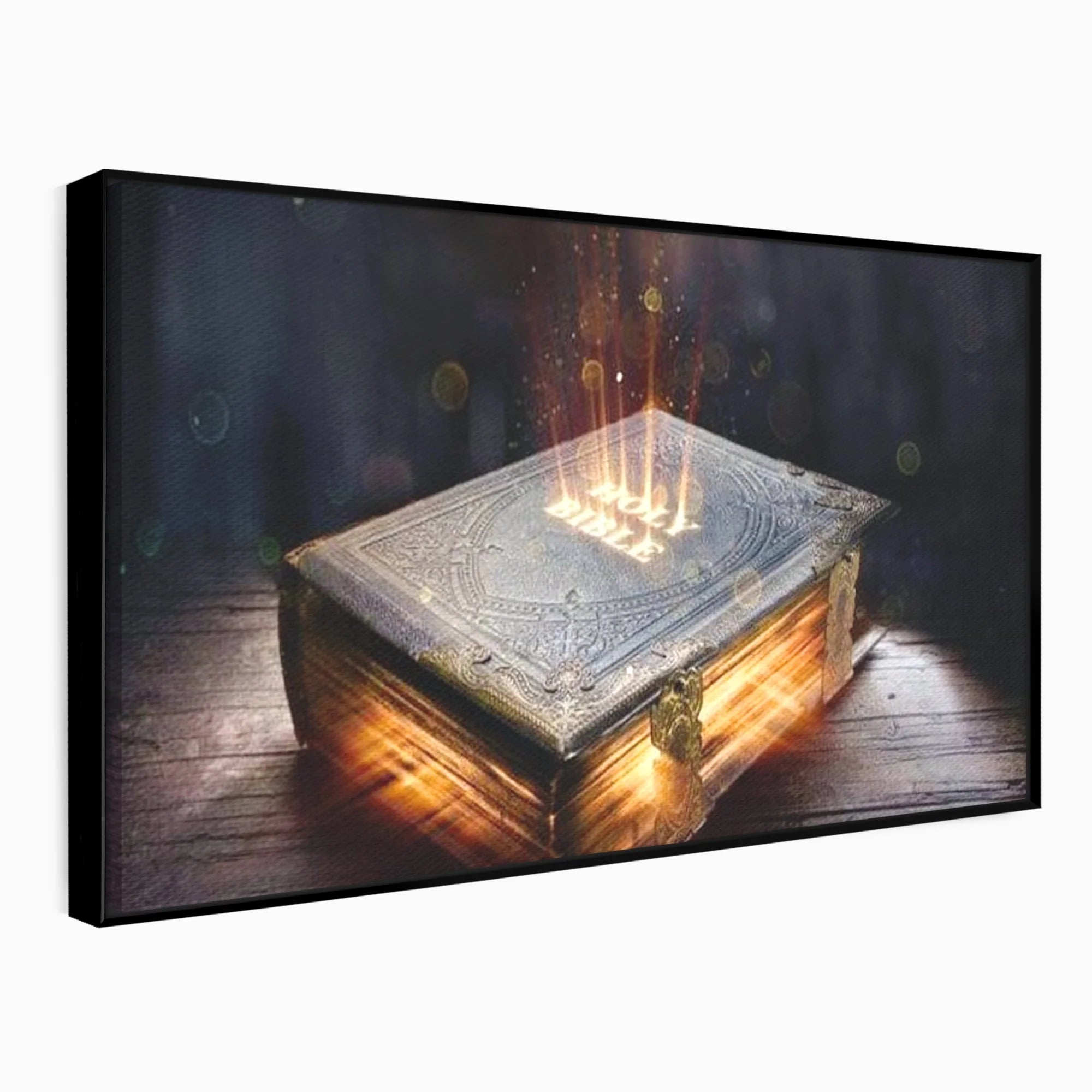 Tablou canvas cu ilustratie digitala cu o carte sacra stralucitoare, in rama de aluminiu negru