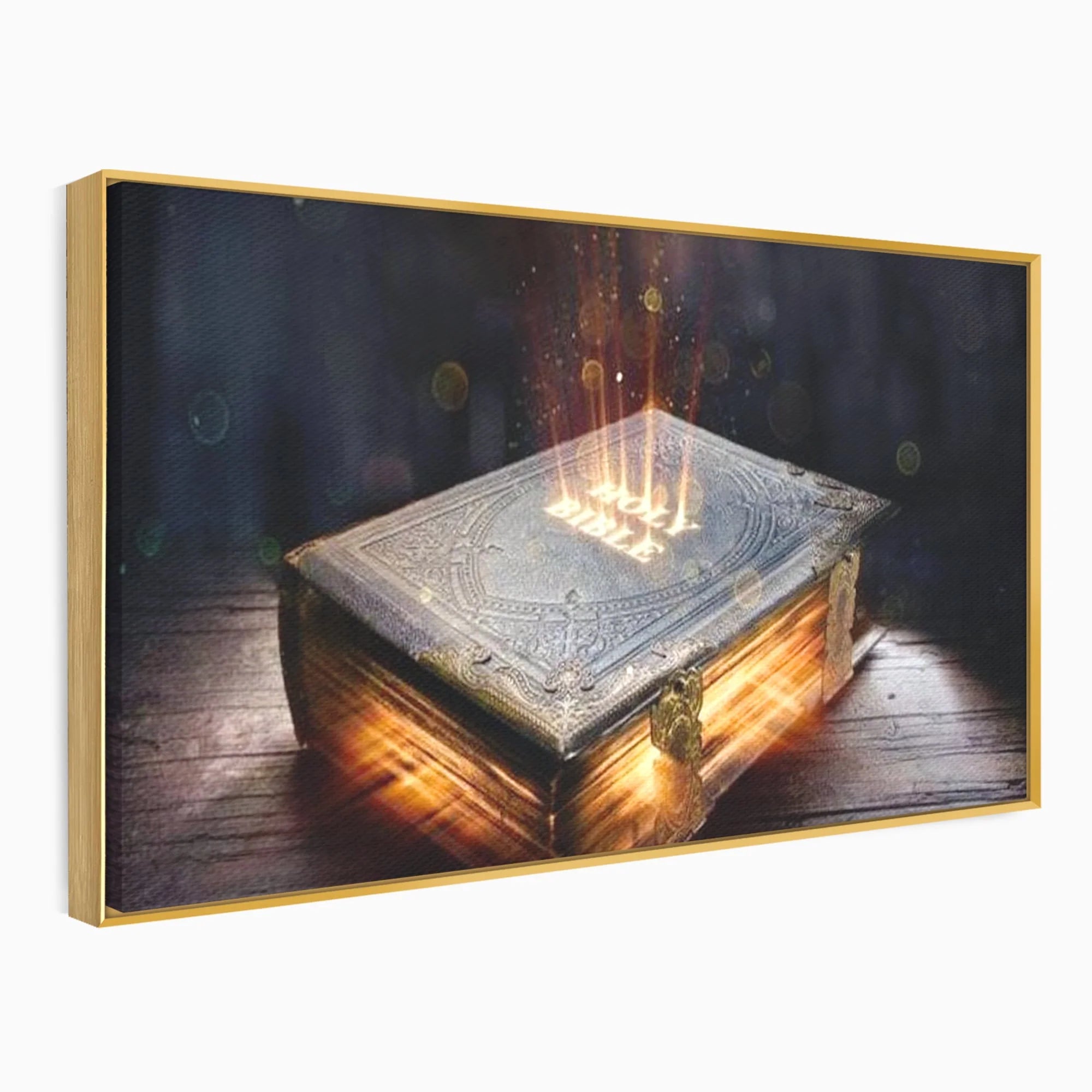 Tablou canvas cu ilustratie digitala cu o carte sacra stralucitoare, in rama de aluminiu auriu