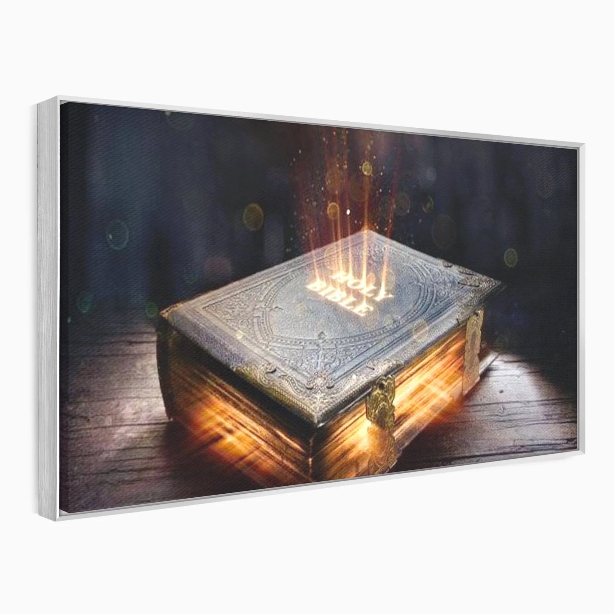 Tablou canvas cu ilustratie digitala cu o carte sacra stralucitoare, in rama de aluminiu argintiu