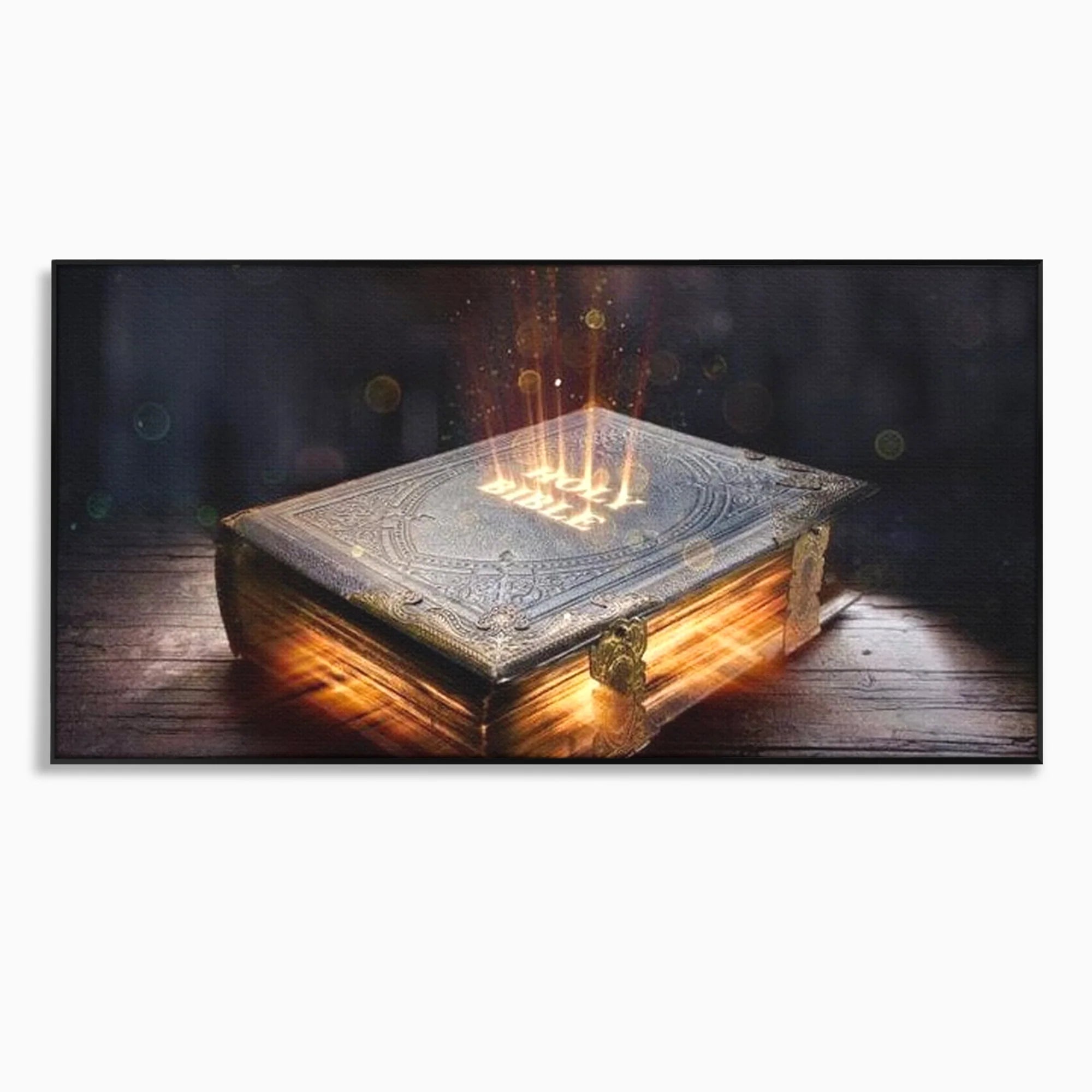Tablou canvas cu ilustratie digitala cu o carte sacra stralucitoare, in rama de aluminiu negru