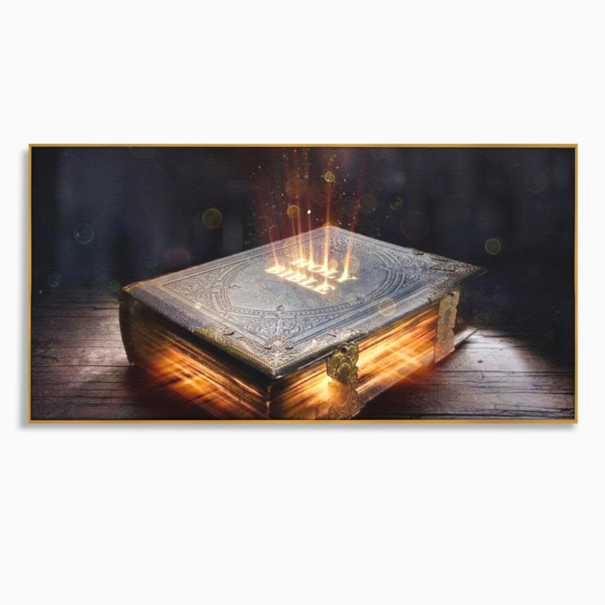 Tablou canvas cu ilustratie digitala cu o carte sacra stralucitoare, in rama de aluminiu auriu