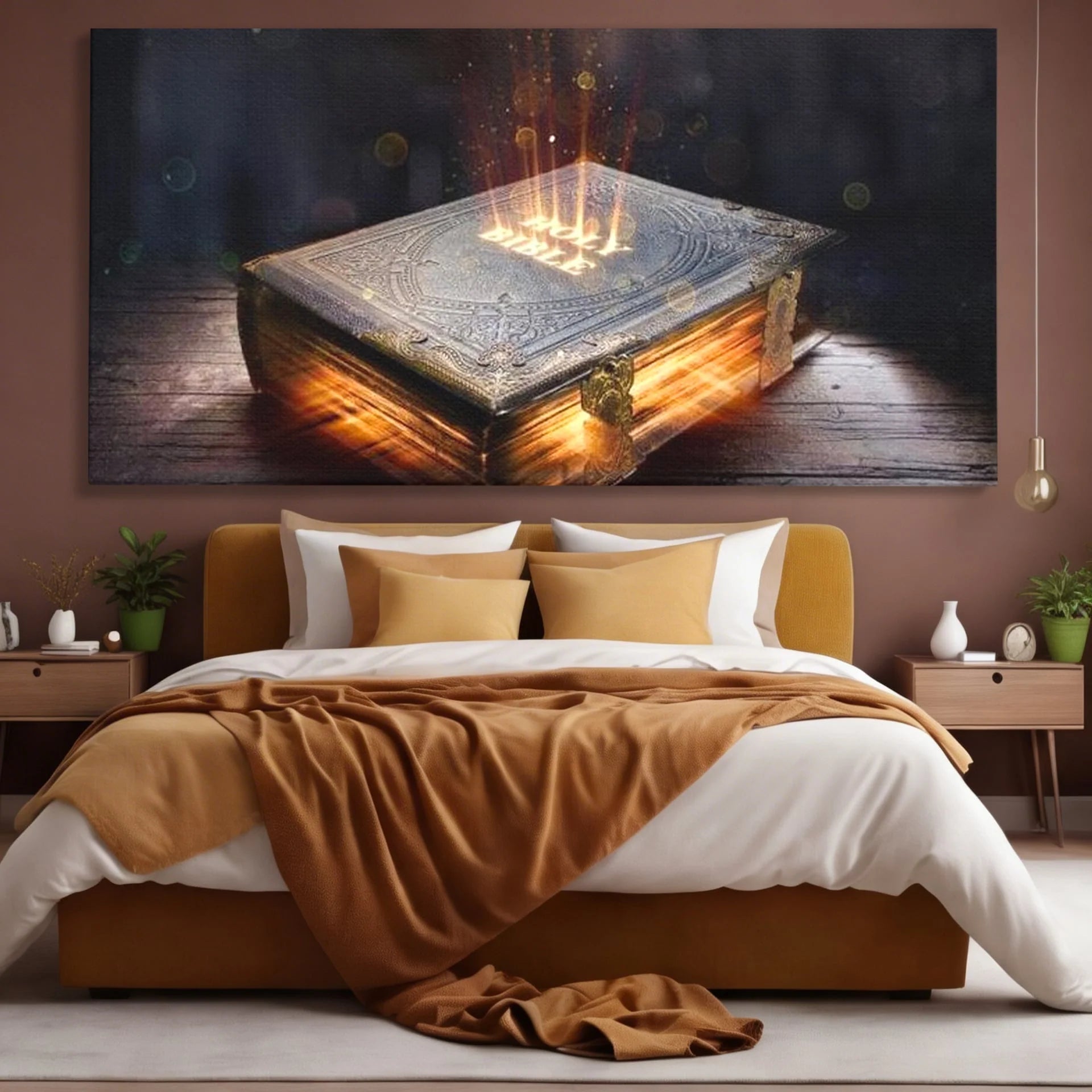 Tablou canvas cu ilustratie digitala cu o carte sacra stralucitoare, fara rama, pe sasiu de lemn, pe perete intr-un dormitor