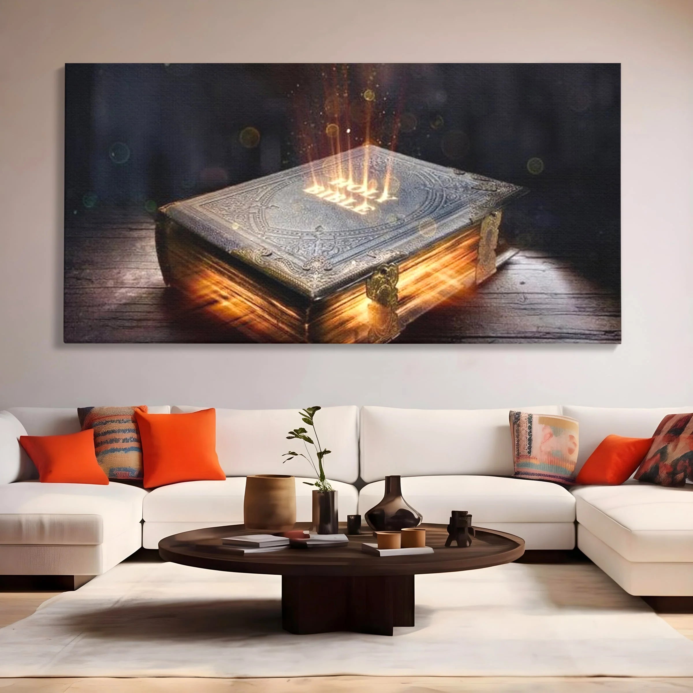Tablou canvas cu ilustratie digitala cu o carte sacra stralucitoare, fara rama, pe sasiu de lemn, pe perete intr-un living