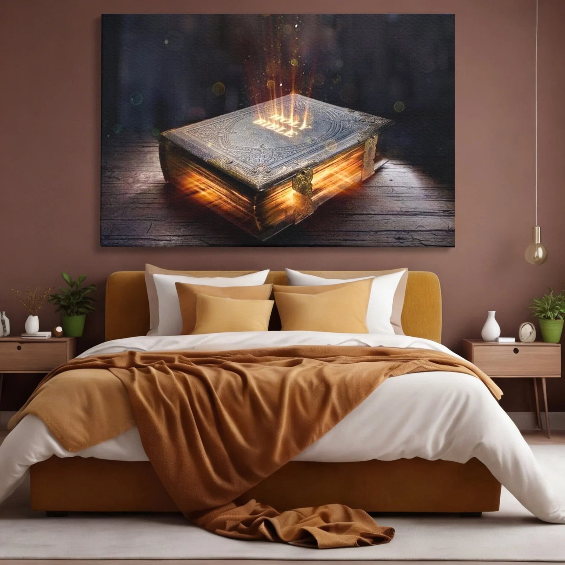 Tablou canvas cu ilustratie digitala cu o carte sacra stralucitoare, fara rama, pe sasiu de lemn, pe perete intr-un dormitor
