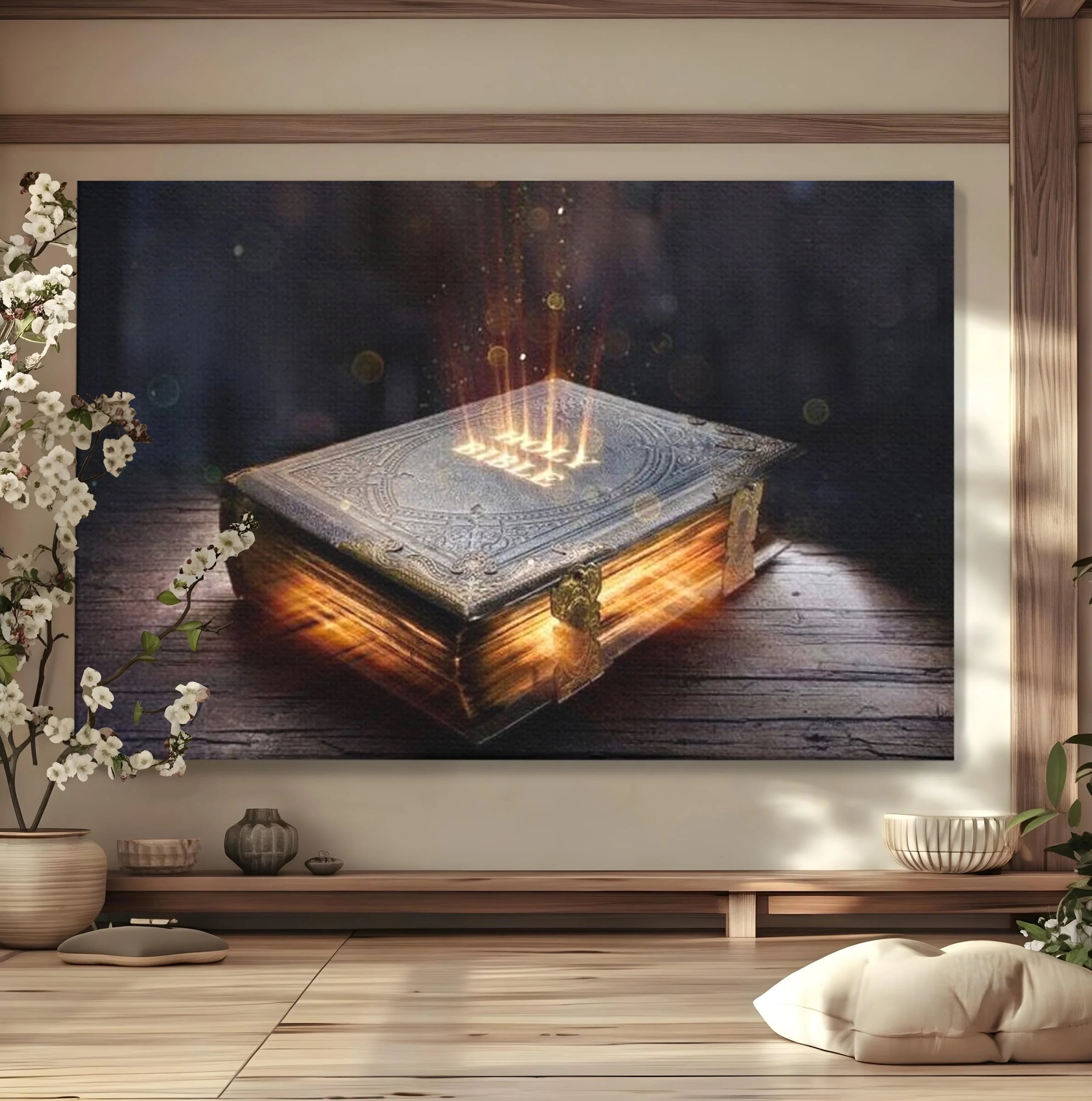 Tablou canvas cu ilustratie digitala cu o carte sacra stralucitoare, fara rama, pe sasiu de lemn