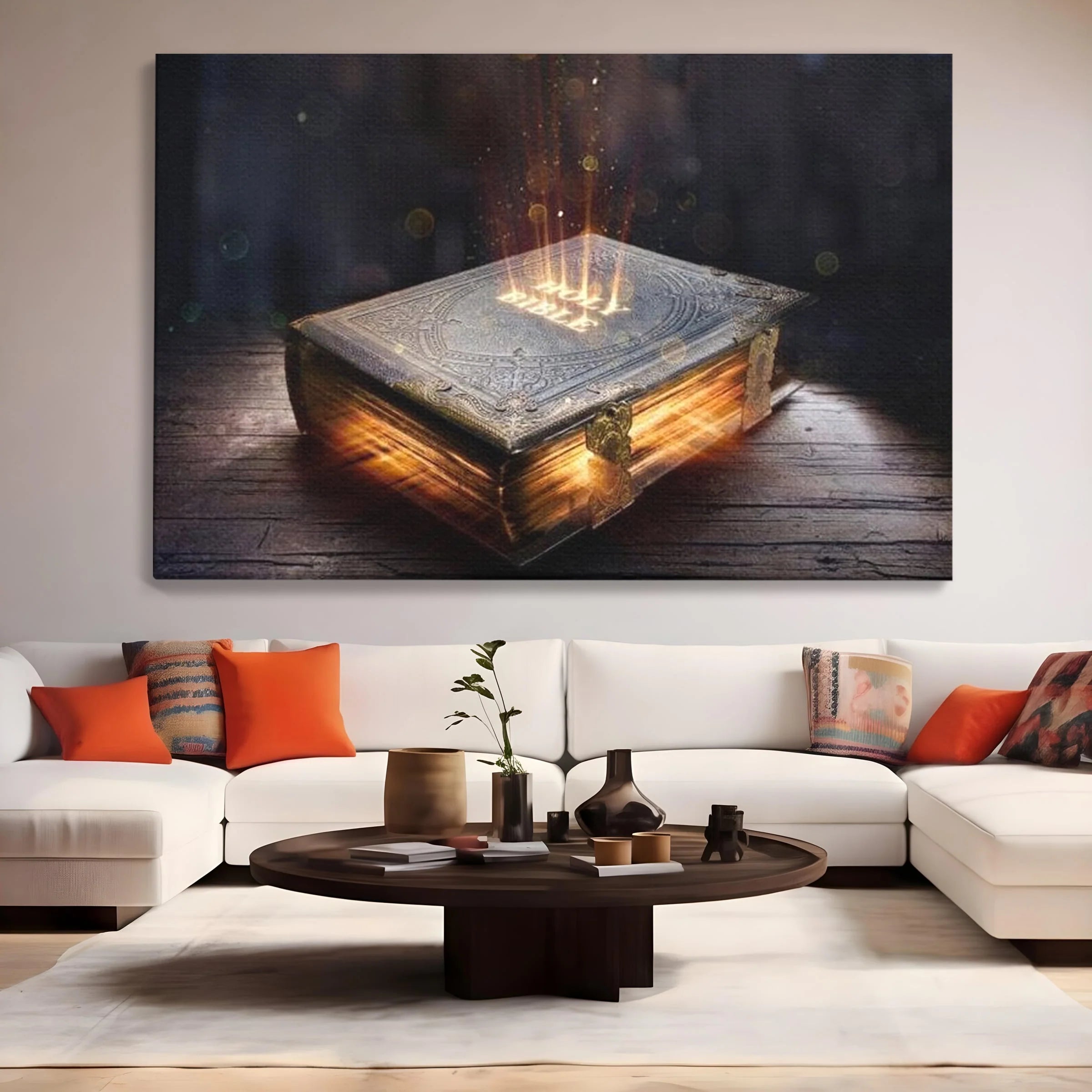 Tablou canvas cu ilustratie digitala cu o carte sacra stralucitoare, fara rama, pe sasiu de lemn, pe perete intr-un living