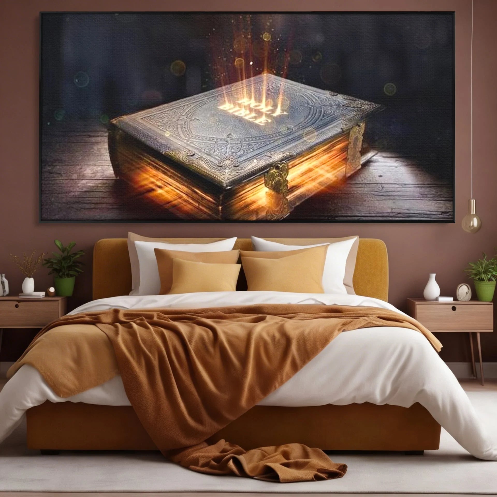 Tablou canvas cu ilustratie digitala cu o carte sacra stralucitoare, in rama de aluminiu negru, pe perete intr-un dormitor