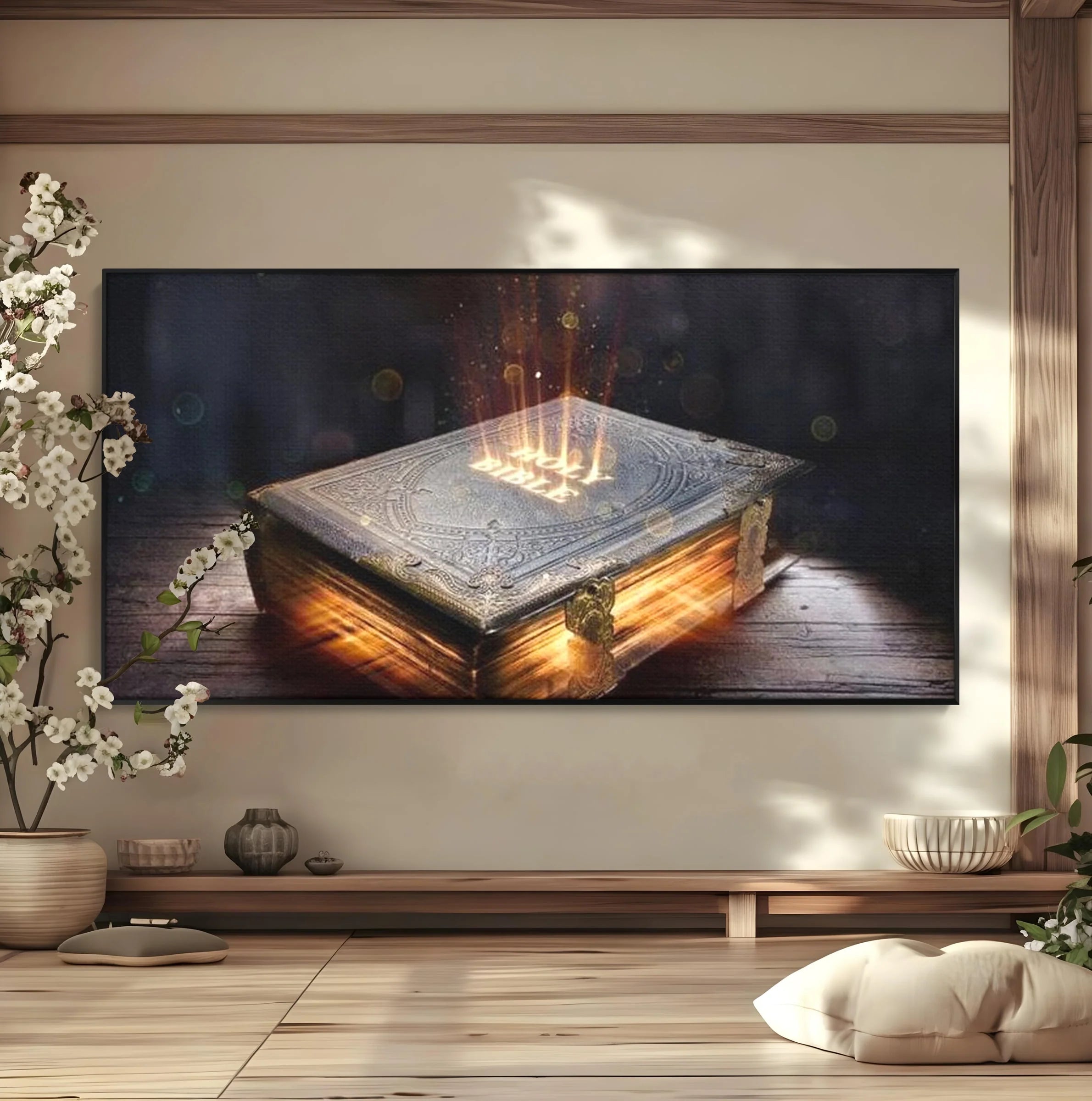 Tablou canvas cu ilustratie digitala cu o carte sacra stralucitoare, in rama de aluminiu negru