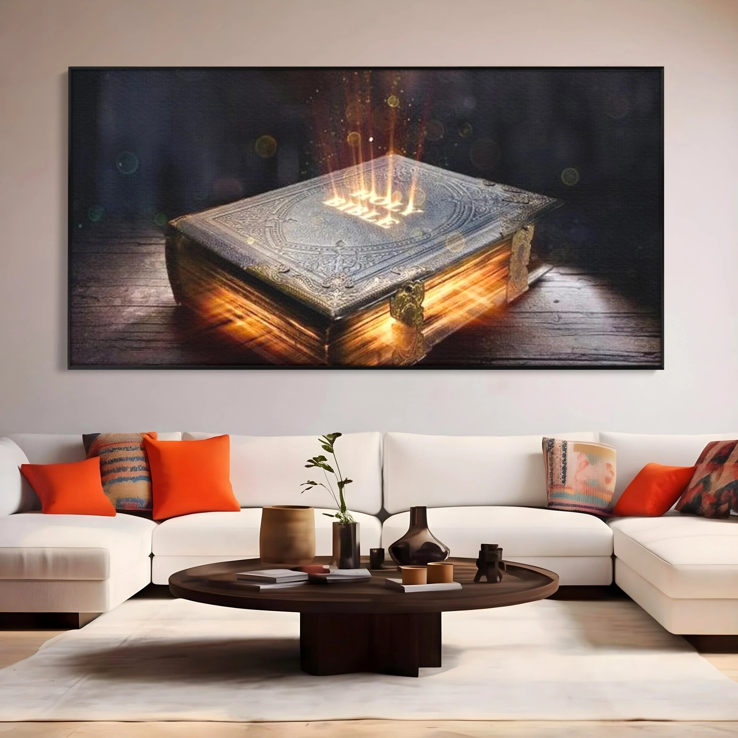 Tablou canvas cu ilustratie digitala cu o carte sacra stralucitoare, in rama de aluminiu negru, pe perete intr-un living