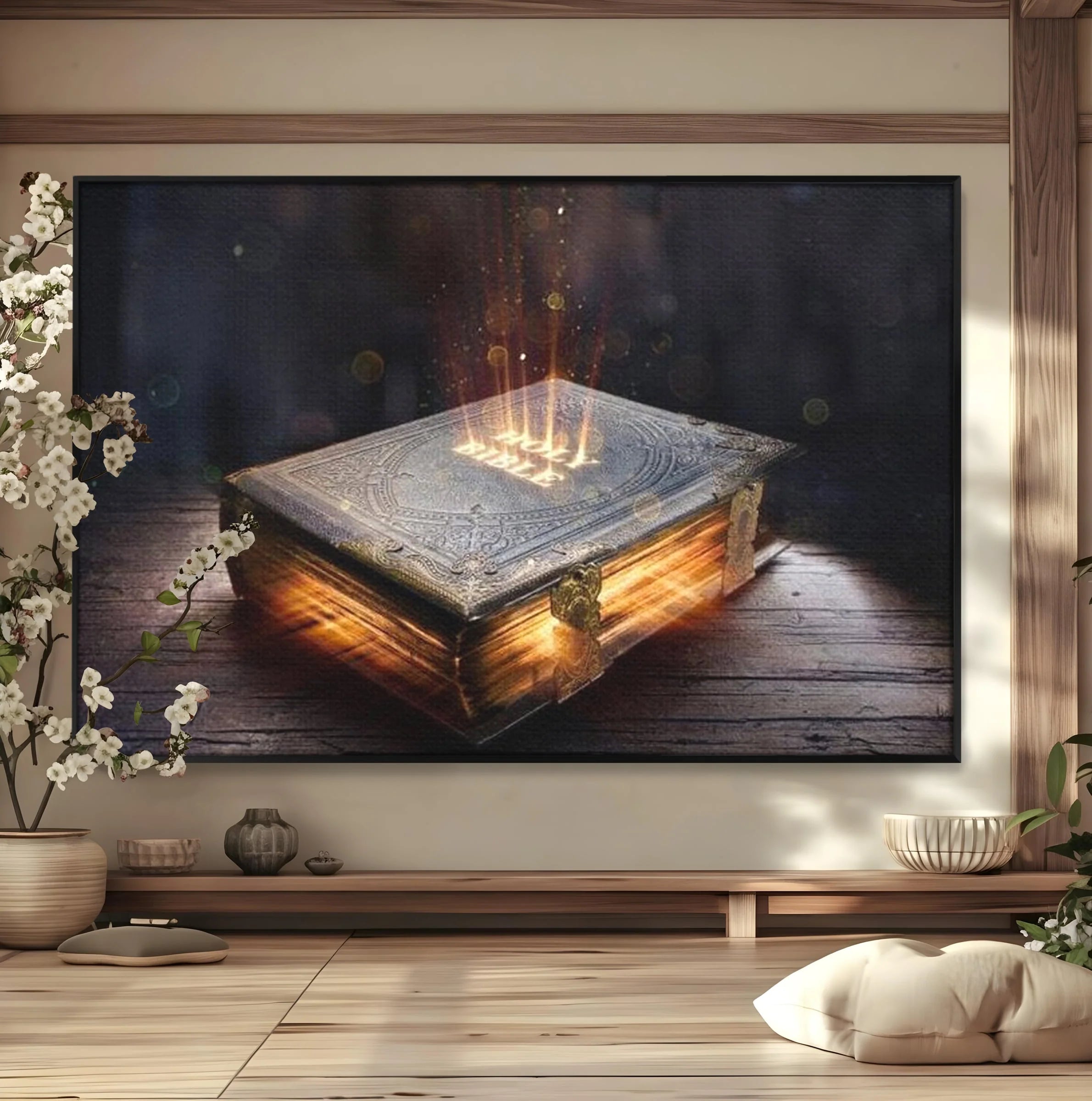 Tablou canvas cu ilustratie digitala cu o carte sacra stralucitoare, in rama de aluminiu negru