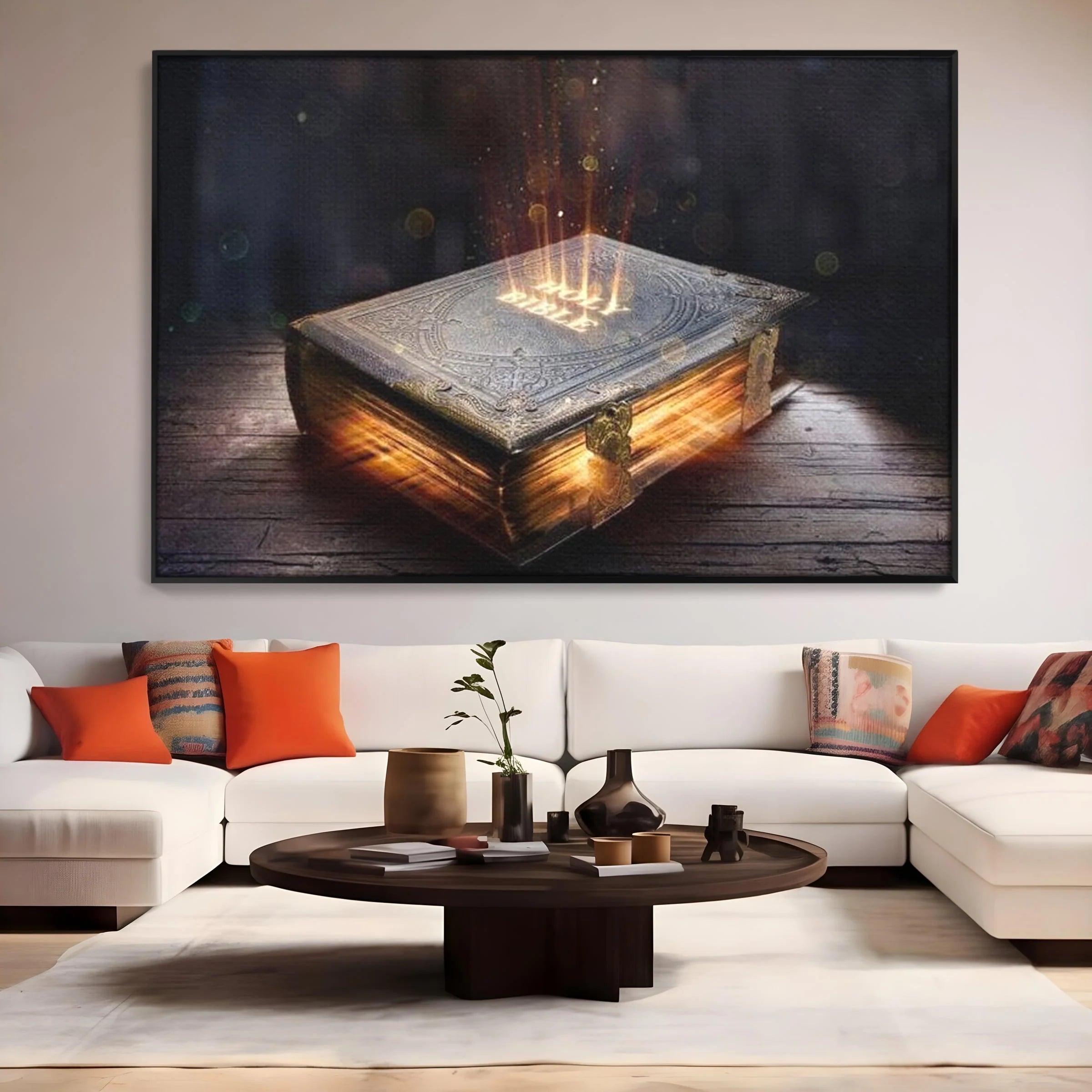 Tablou canvas cu ilustratie digitala cu o carte sacra stralucitoare, in rama de aluminiu negru, pe perete intr-un living