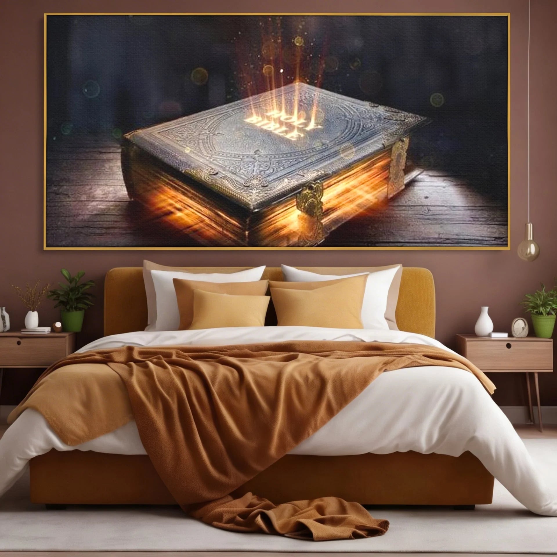 Tablou canvas cu ilustratie digitala cu o carte sacra stralucitoare, in rama de aluminiu auriu, pe perete intr-un dormitor